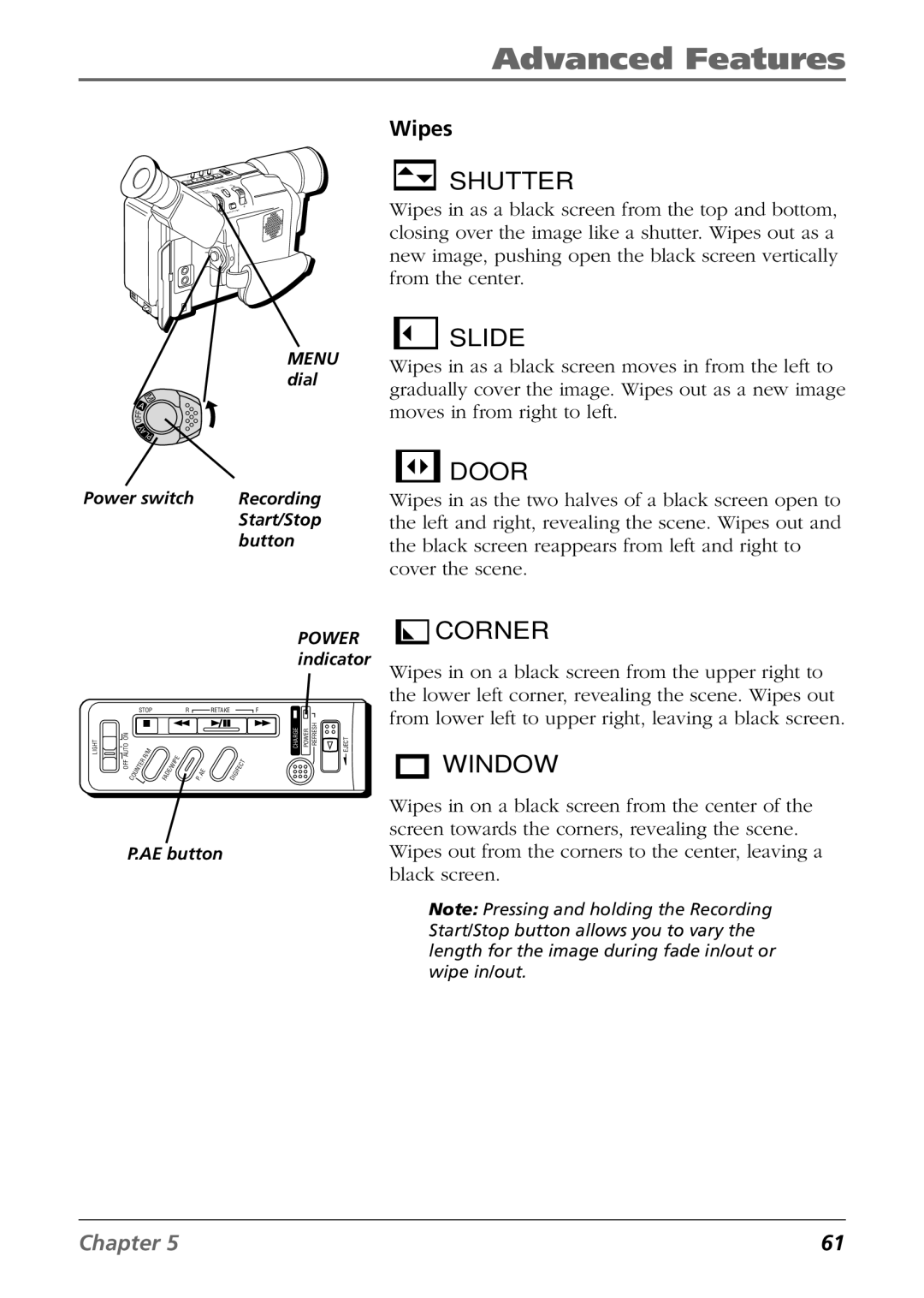 RCA CC6364/CC6374 manual Shutter, Wipes 