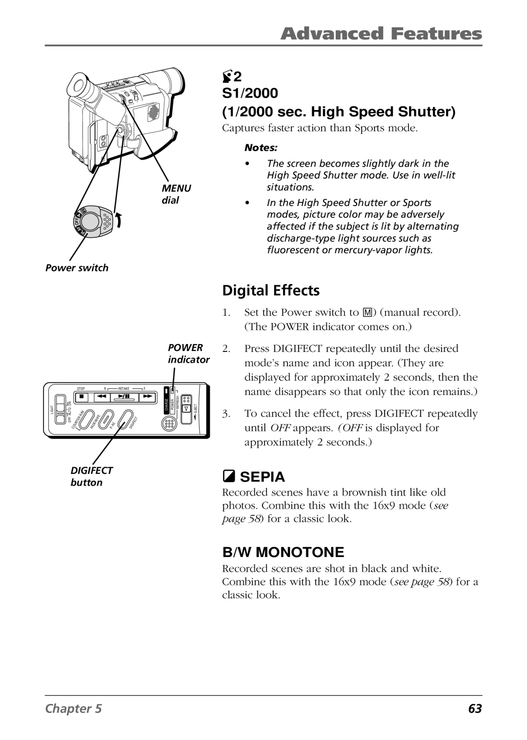 RCA CC6364/CC6374 manual Digital Effects, S1/2000 2000 sec. High Speed Shutter 