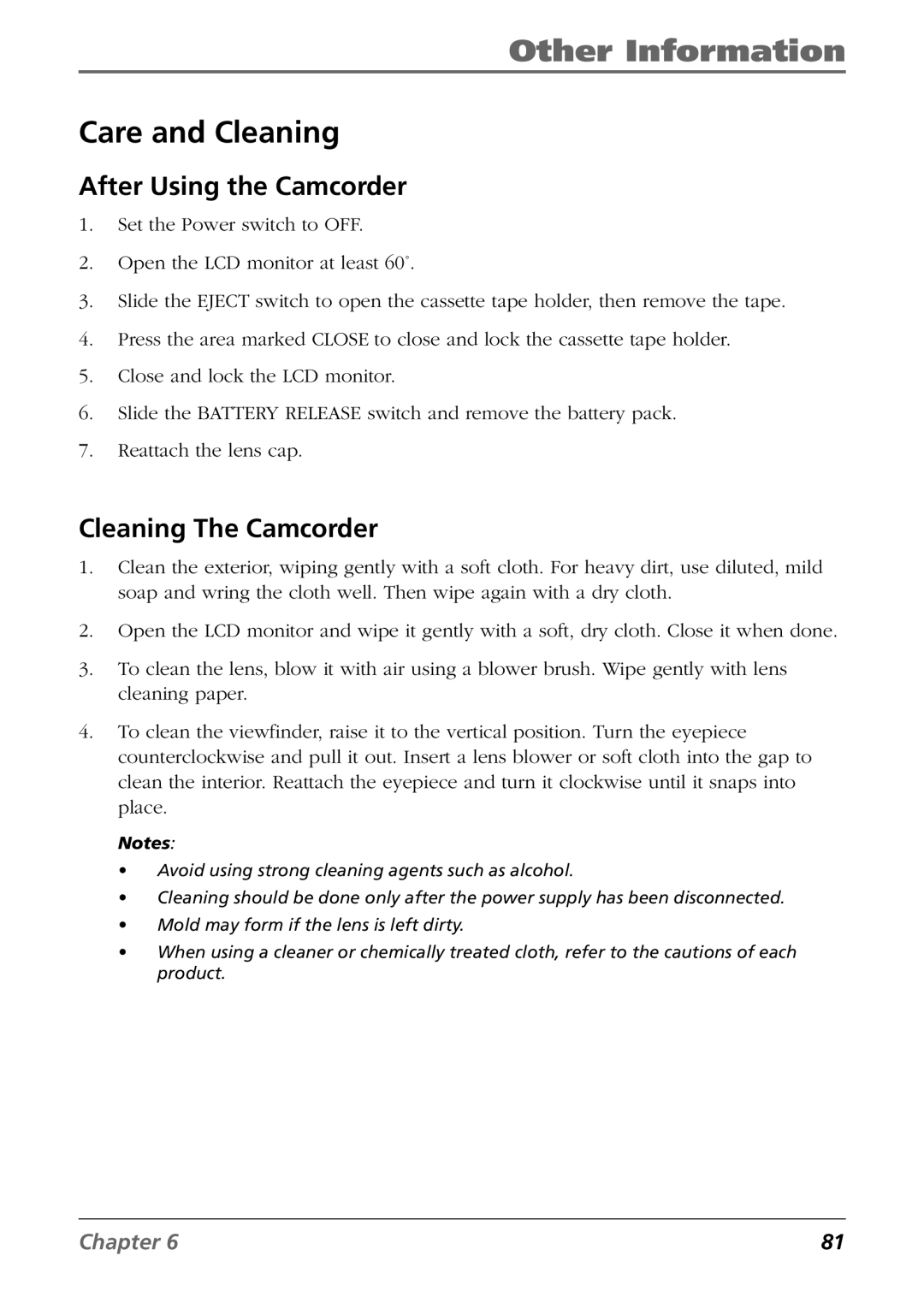 RCA CC6364/CC6374 manual Care and Cleaning, After Using the Camcorder, Cleaning The Camcorder 