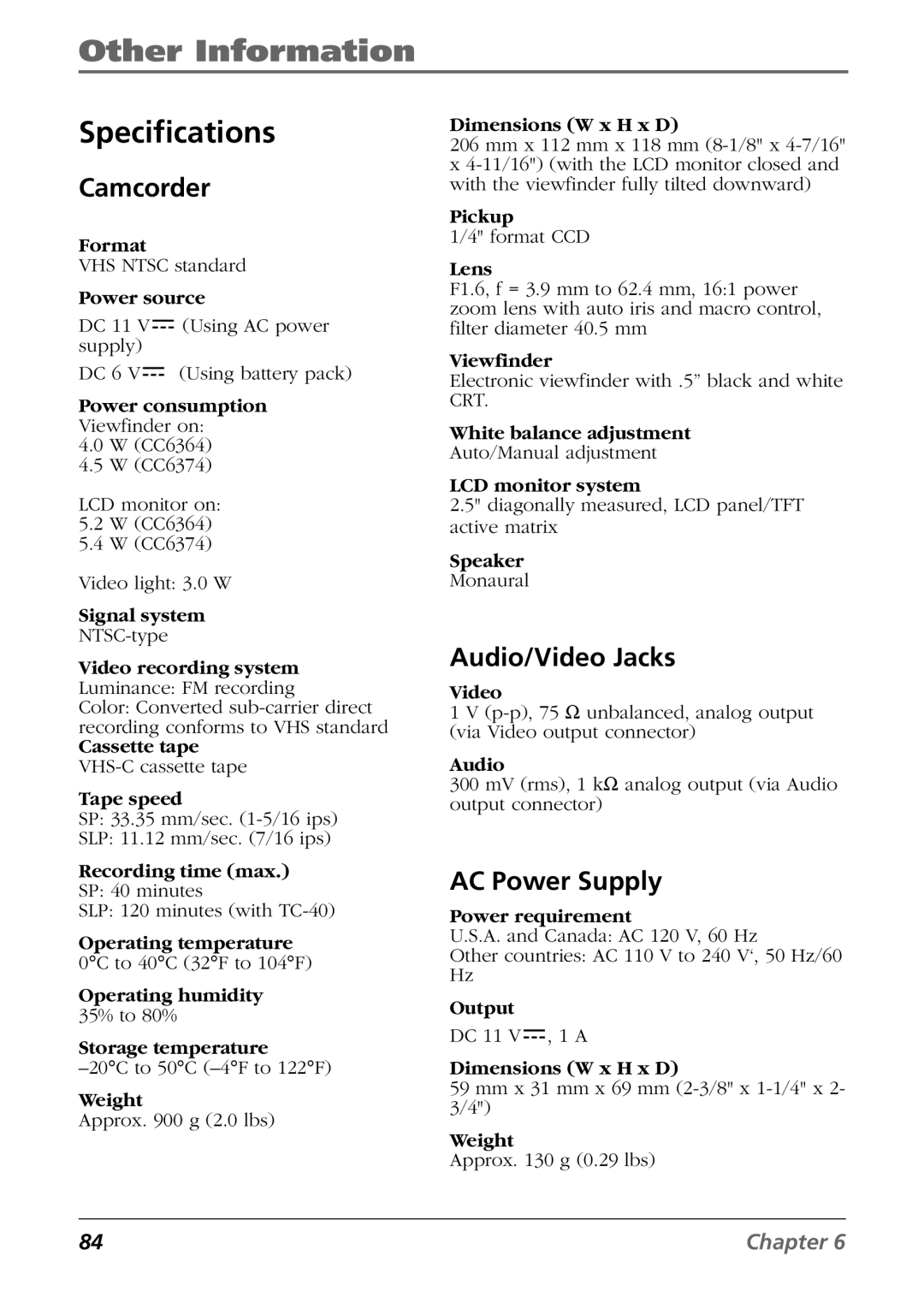 RCA CC6364/CC6374 manual Specifications, Camcorder, Audio/Video Jacks, AC Power Supply 