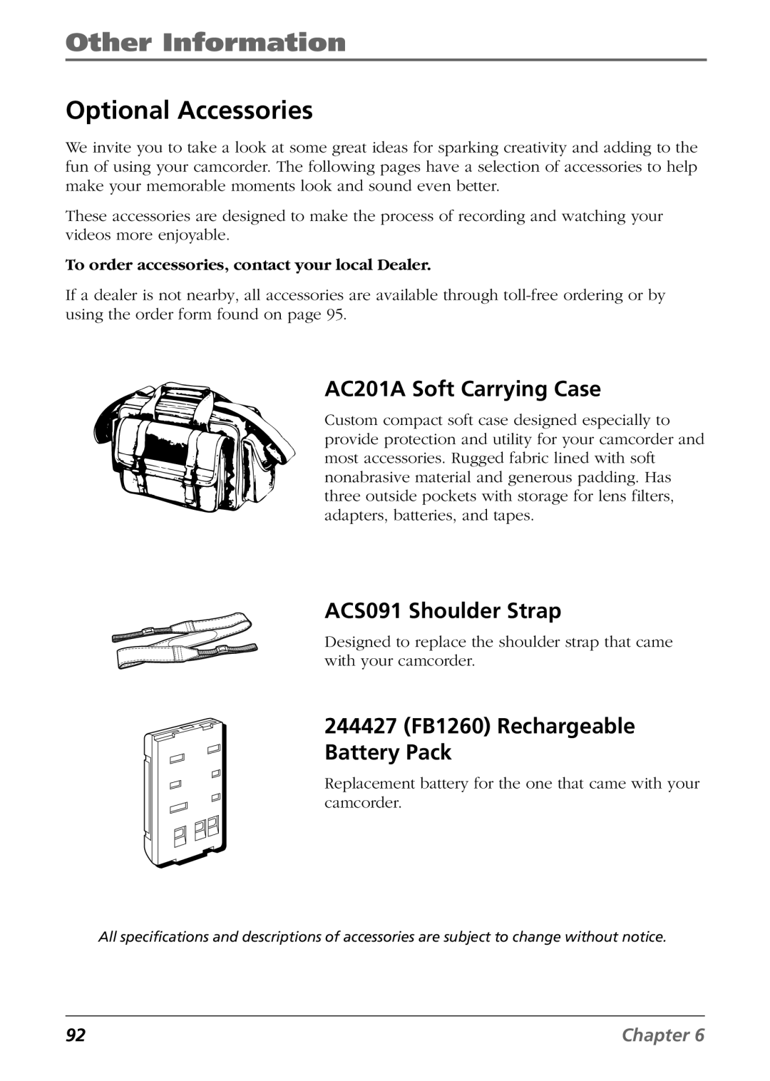 RCA CC6364/CC6374 manual Optional Accessories, AC201A Soft Carrying Case, ACS091 Shoulder Strap 