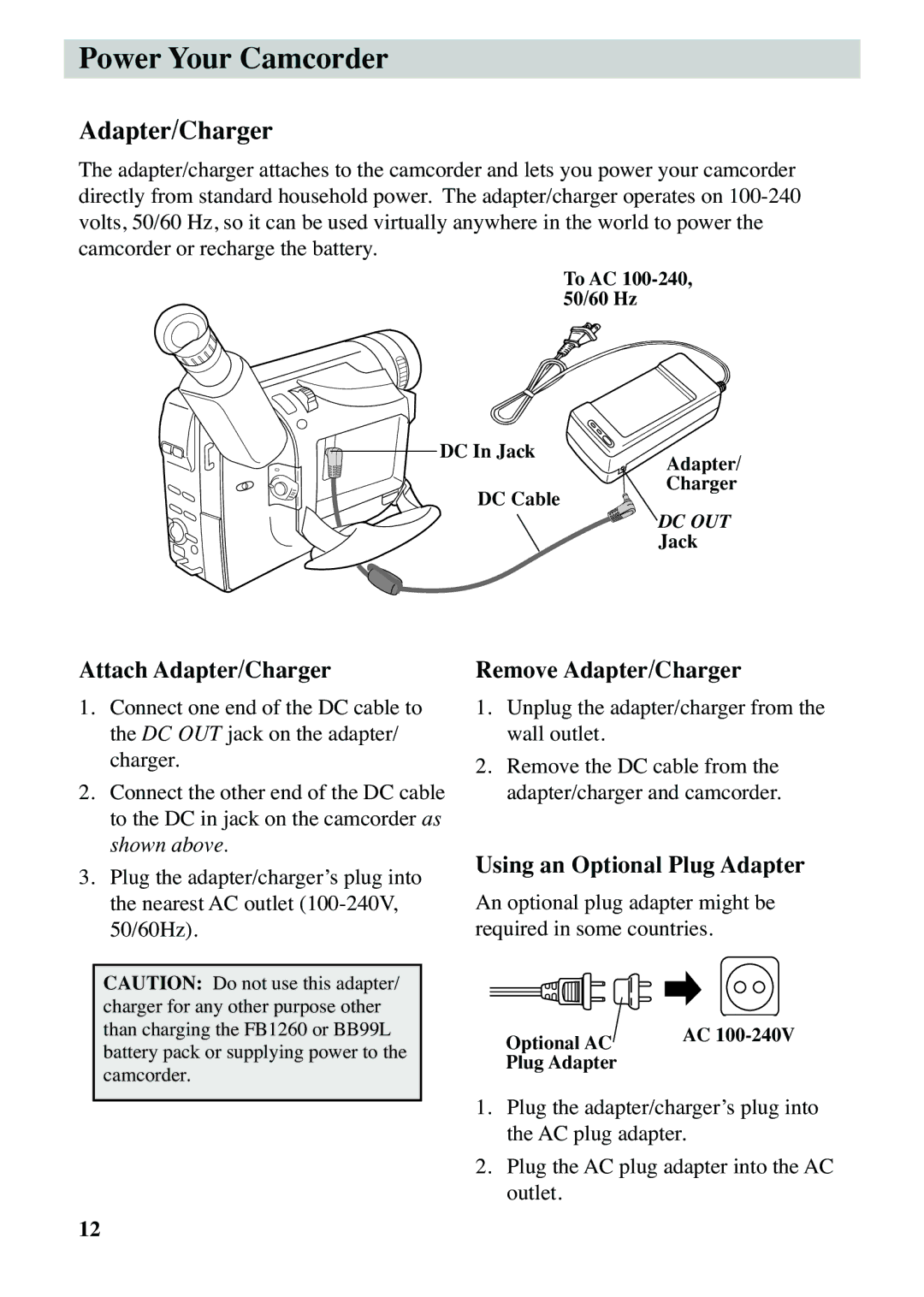 RCA CC6373 manual Power Your Camcorder, Attach Adapter/Charger, Remove Adapter/Charger, Using an Optional Plug Adapter 