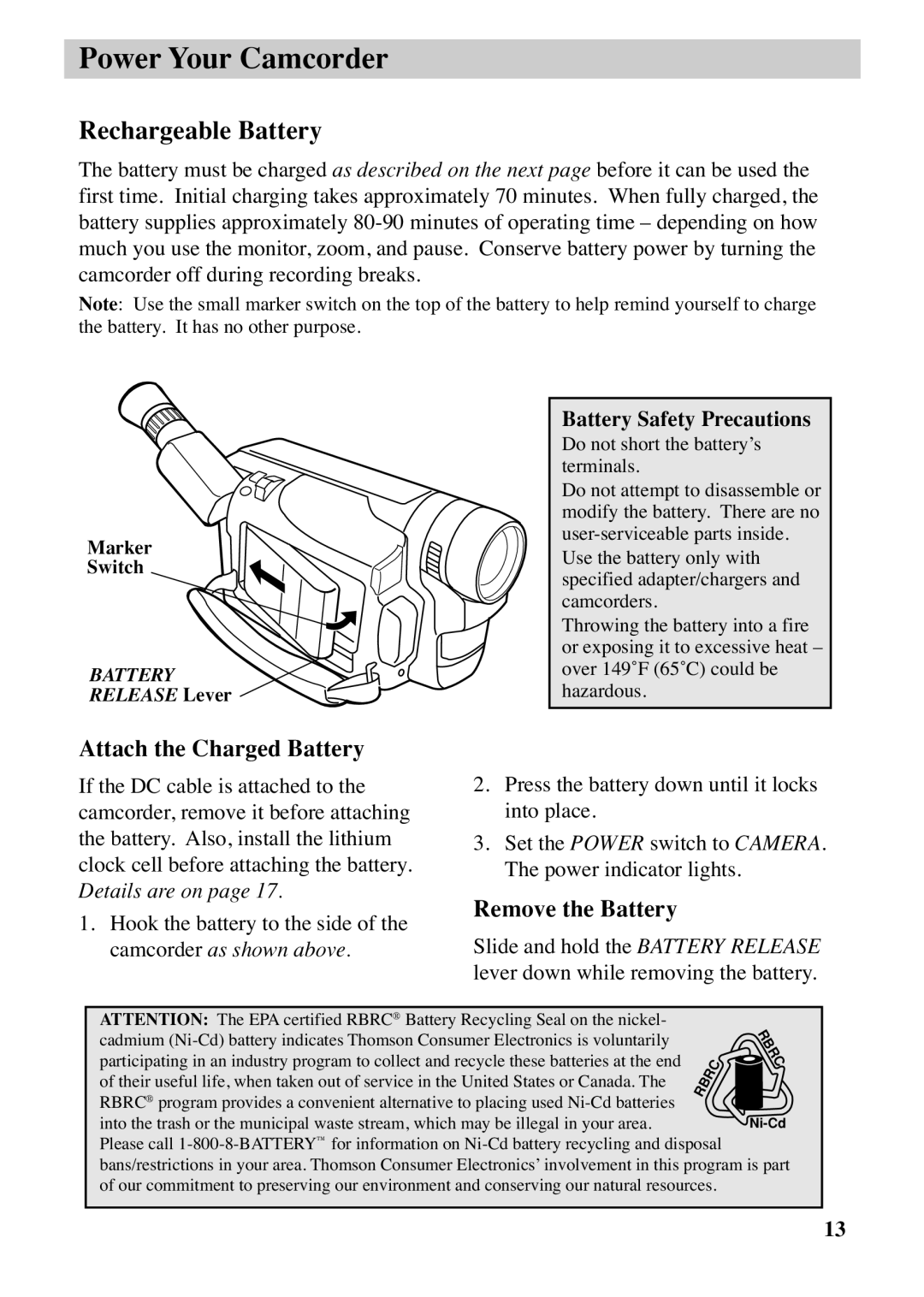 RCA CC6383, CC6373 manual Rechargeable Battery, Attach the Charged Battery, Remove the Battery, Battery Safety Precautions 