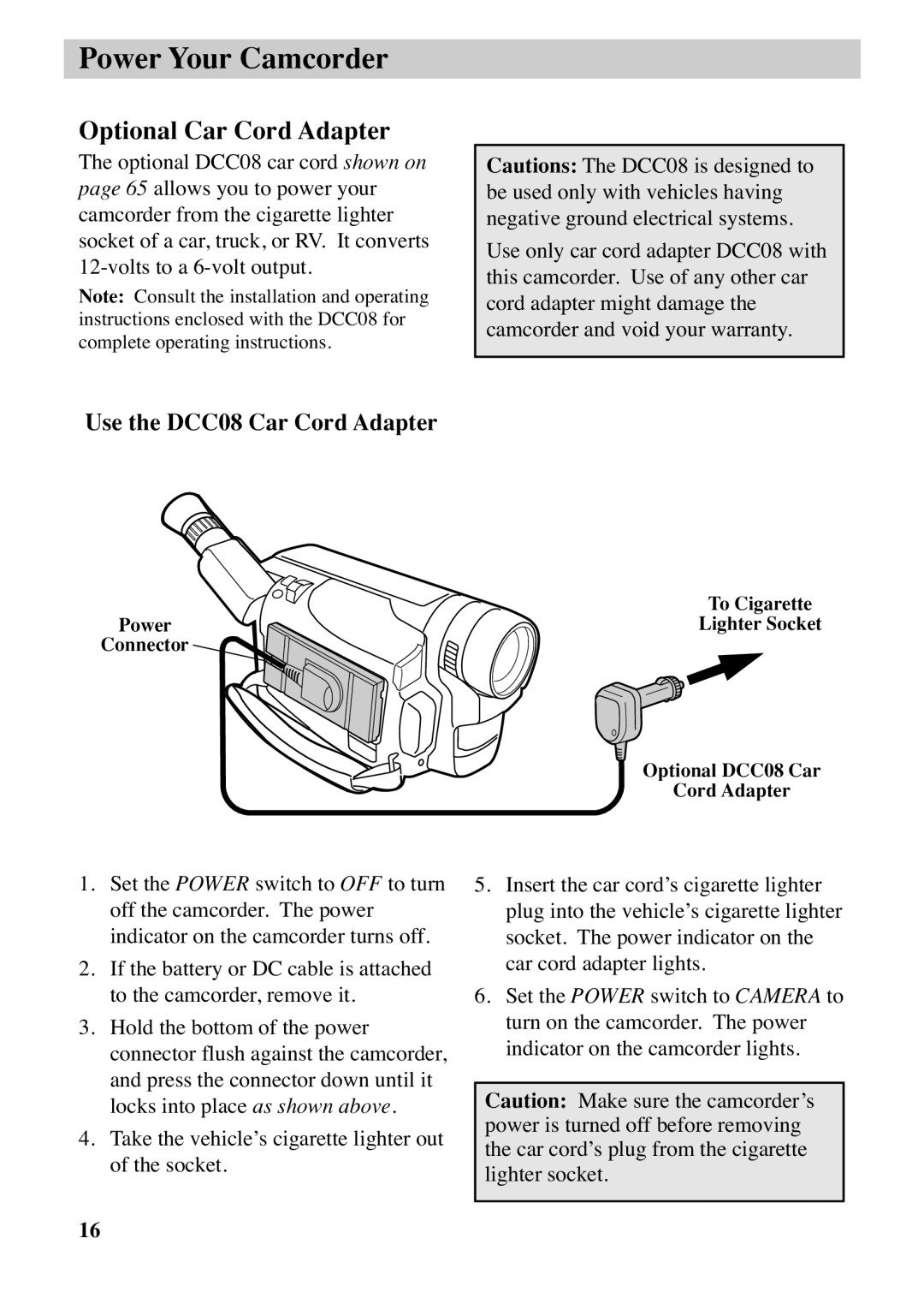 RCA CC6373, CC6383 manual Optional Car Cord Adapter, Use the DCC08 Car Cord Adapter 