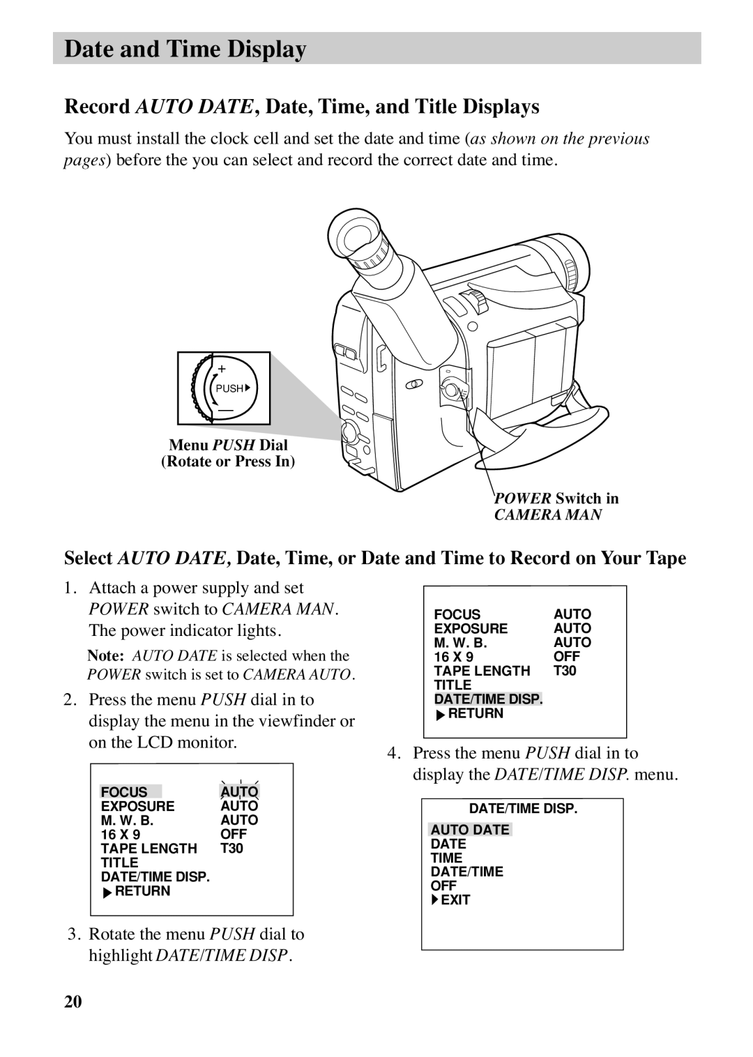 RCA CC6373, CC6383 manual Record Auto DATE, Date, Time, and Title Displays 