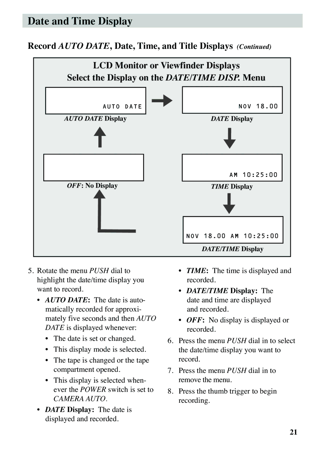 RCA CC6383, CC6373 manual LCD Monitor or Viewfinder Displays, Select the Display on the DATE/TIME DISP. Menu 