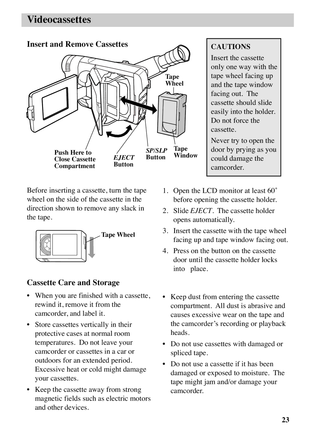 RCA CC6383, CC6373 manual Insert and Remove Cassettes, Cassette Care and Storage 