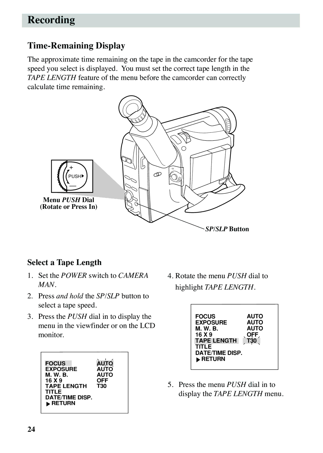 RCA CC6373, CC6383 manual Recording, Time-Remaining Display, Select a Tape Length 