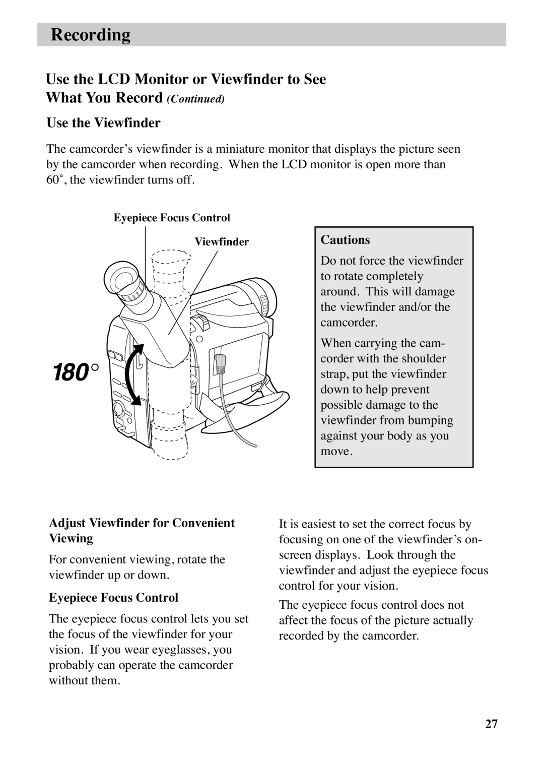 RCA CC6383, CC6373 manual Use the Viewfinder, Adjust Viewfinder for Convenient Viewing, Eyepiece Focus Control 