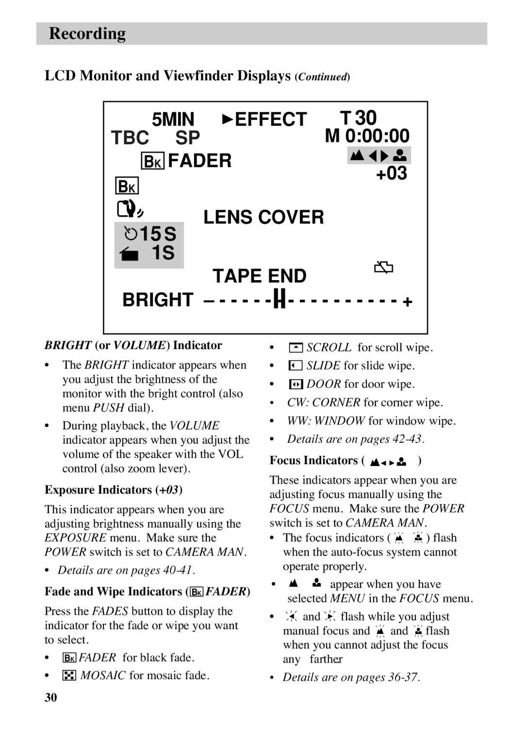 RCA CC6373 manual Bright or Volume Indicator, Exposure Indicators +03, Fade and Wipe Indicators BK Fader, Focus Indicators 