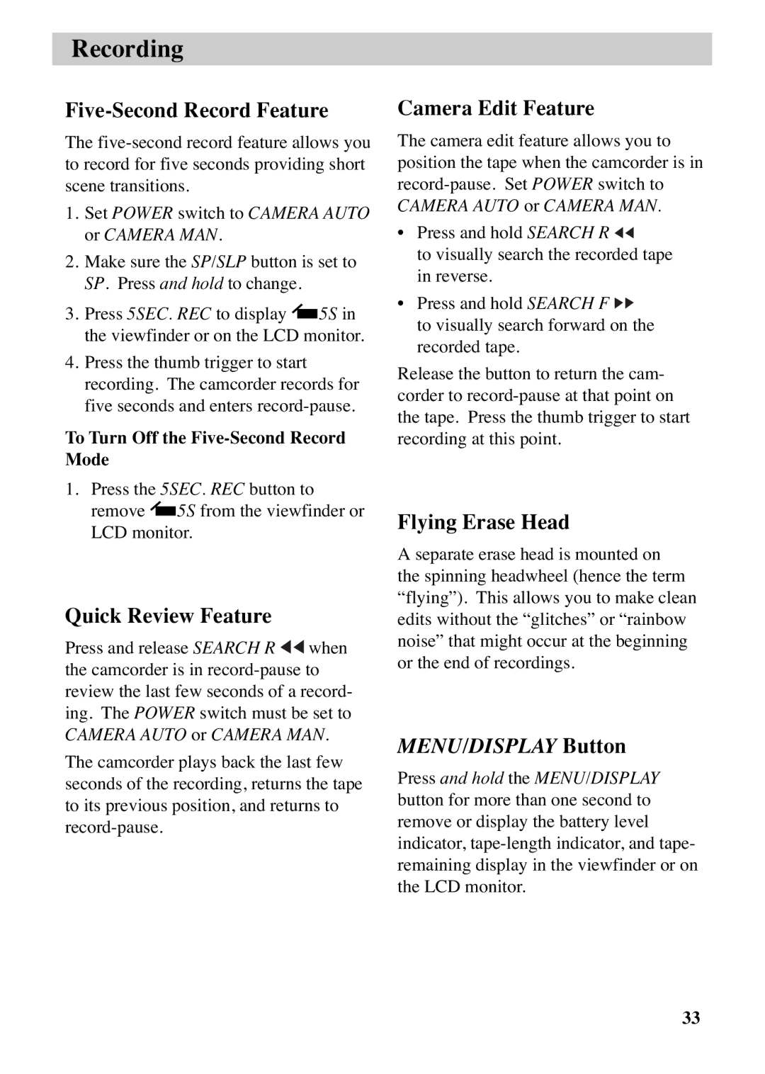 RCA CC6383, CC6373 manual Five-Second Record Feature, Quick Review Feature, Camera Edit Feature, Flying Erase Head 