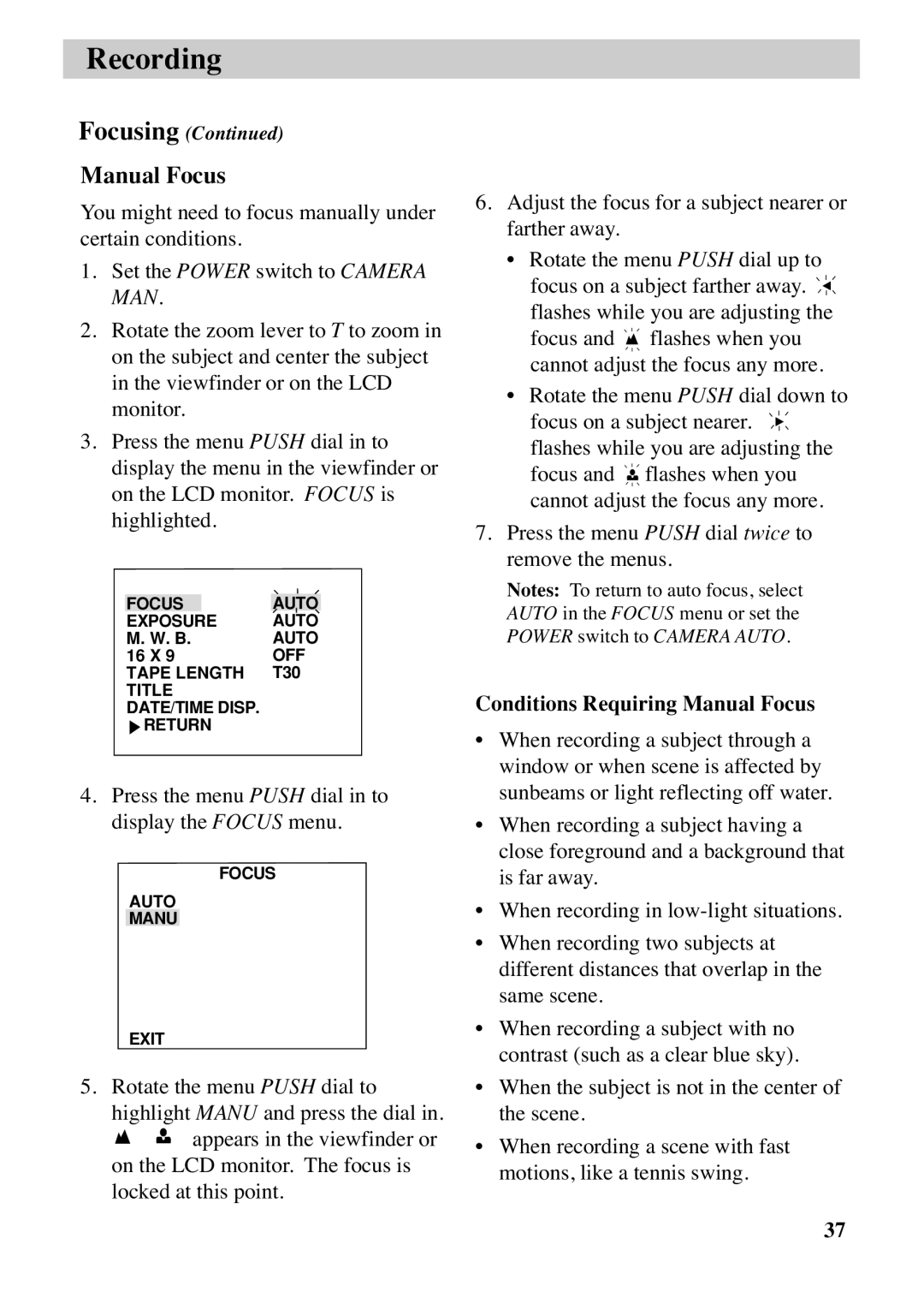 RCA CC6383, CC6373 manual Conditions Requiring Manual Focus 