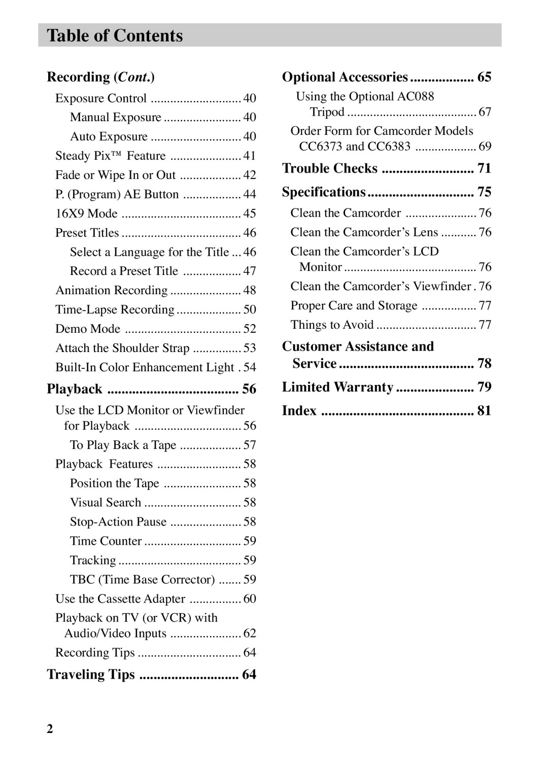 RCA CC6373, CC6383 manual Table of Contents 