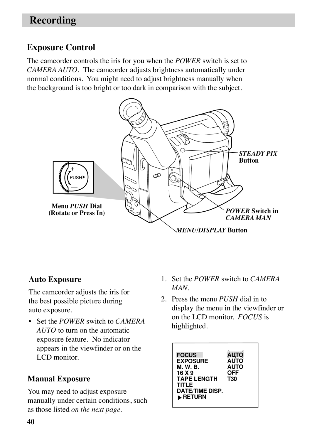 RCA CC6373, CC6383 manual Exposure Control, Auto Exposure, Manual Exposure 