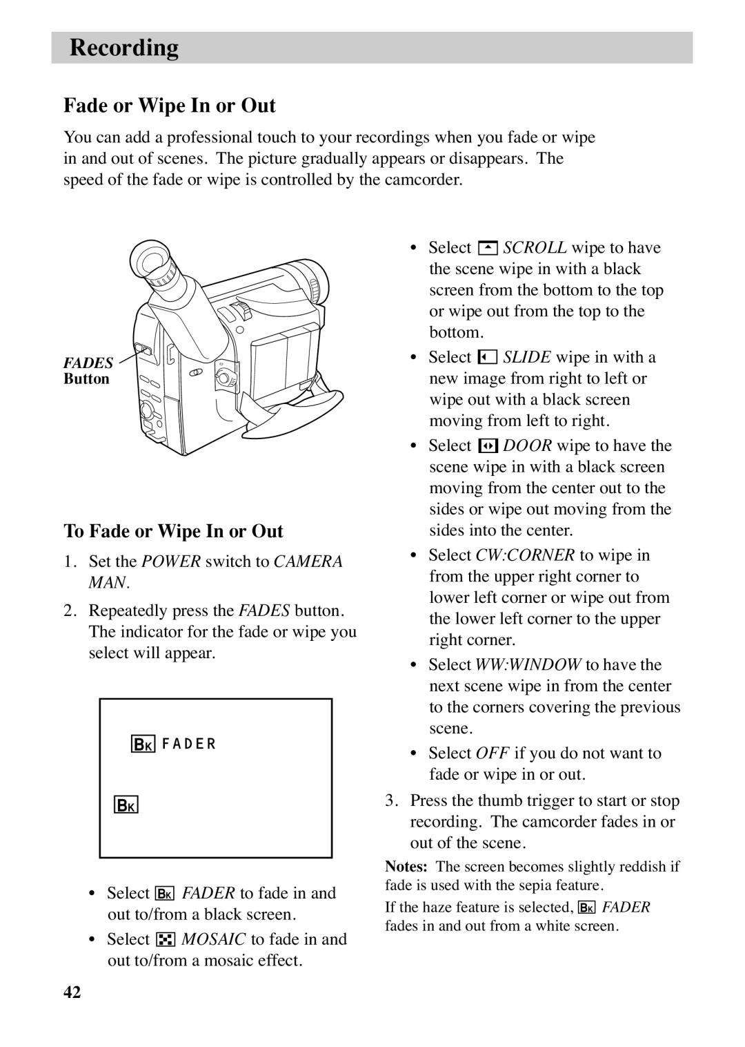 RCA CC6373, CC6383 manual To Fade or Wipe In or Out 