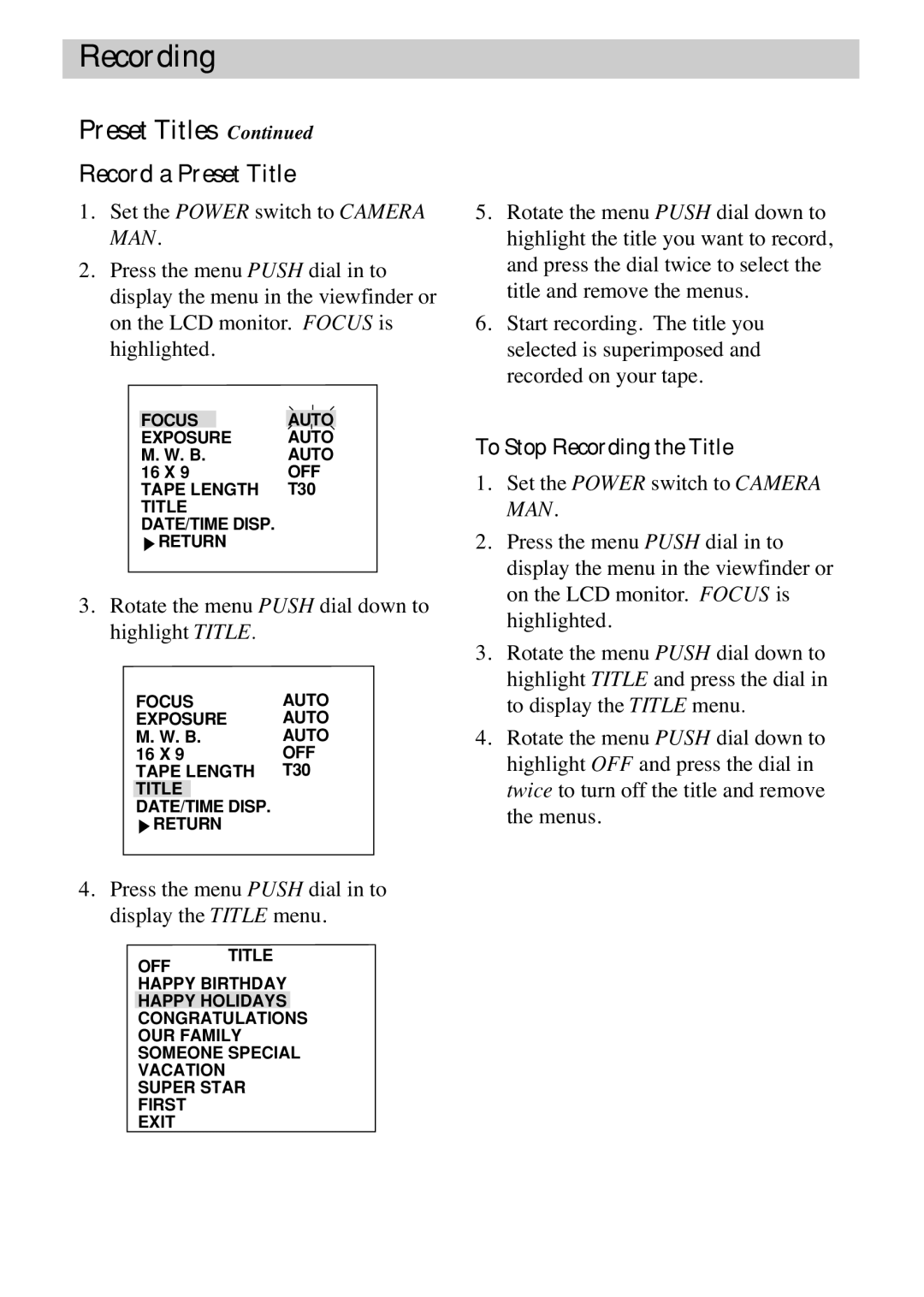 RCA CC6383, CC6373 manual Record a Preset Title, To Stop Recording the Title 