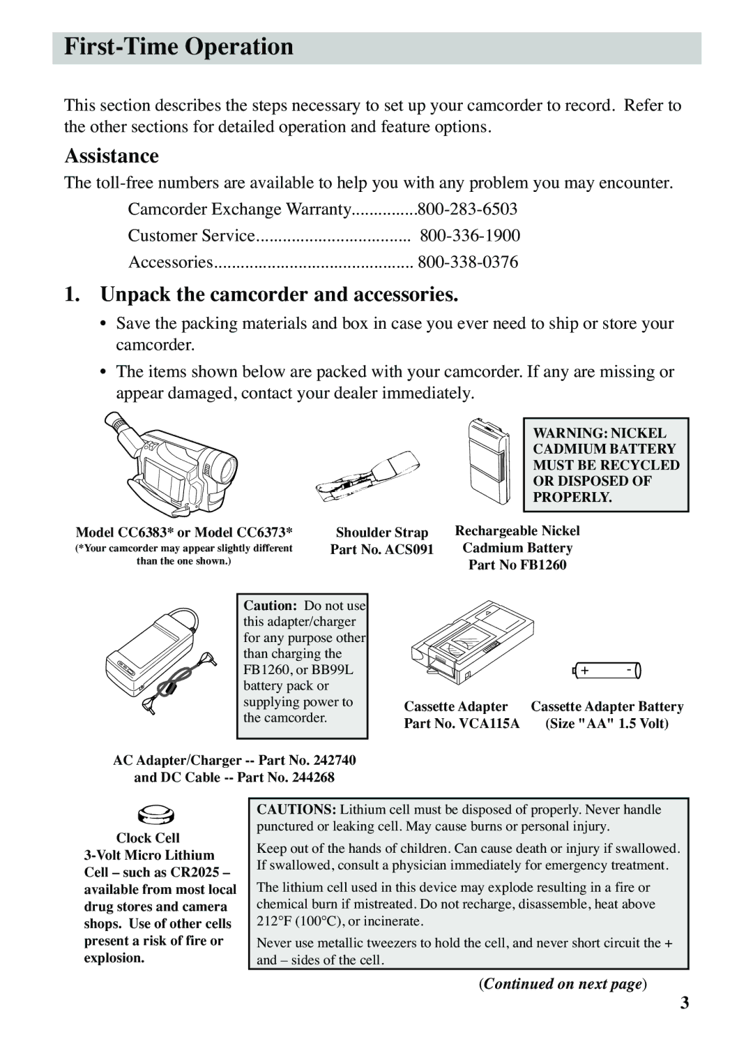 RCA CC6383, CC6373 manual First-Time Operation, Assistance, Unpack the camcorder and accessories 