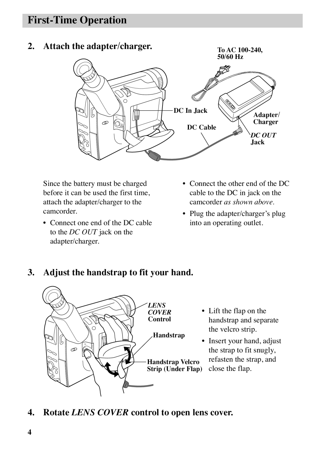 RCA CC6373 Attach the adapter/charger, Adjust the handstrap to fit your hand, Rotate Lens Cover control to open lens cover 