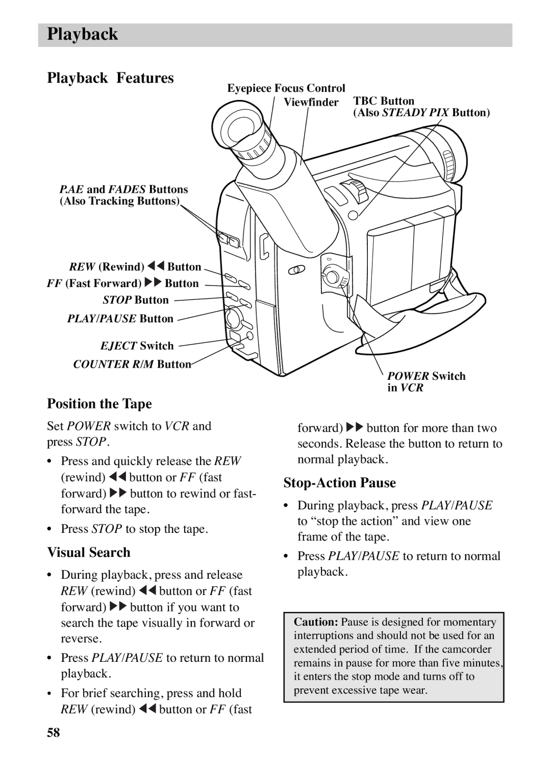 RCA CC6373, CC6383 manual Playback Features, Position the Tape, Visual Search, Stop-Action Pause 