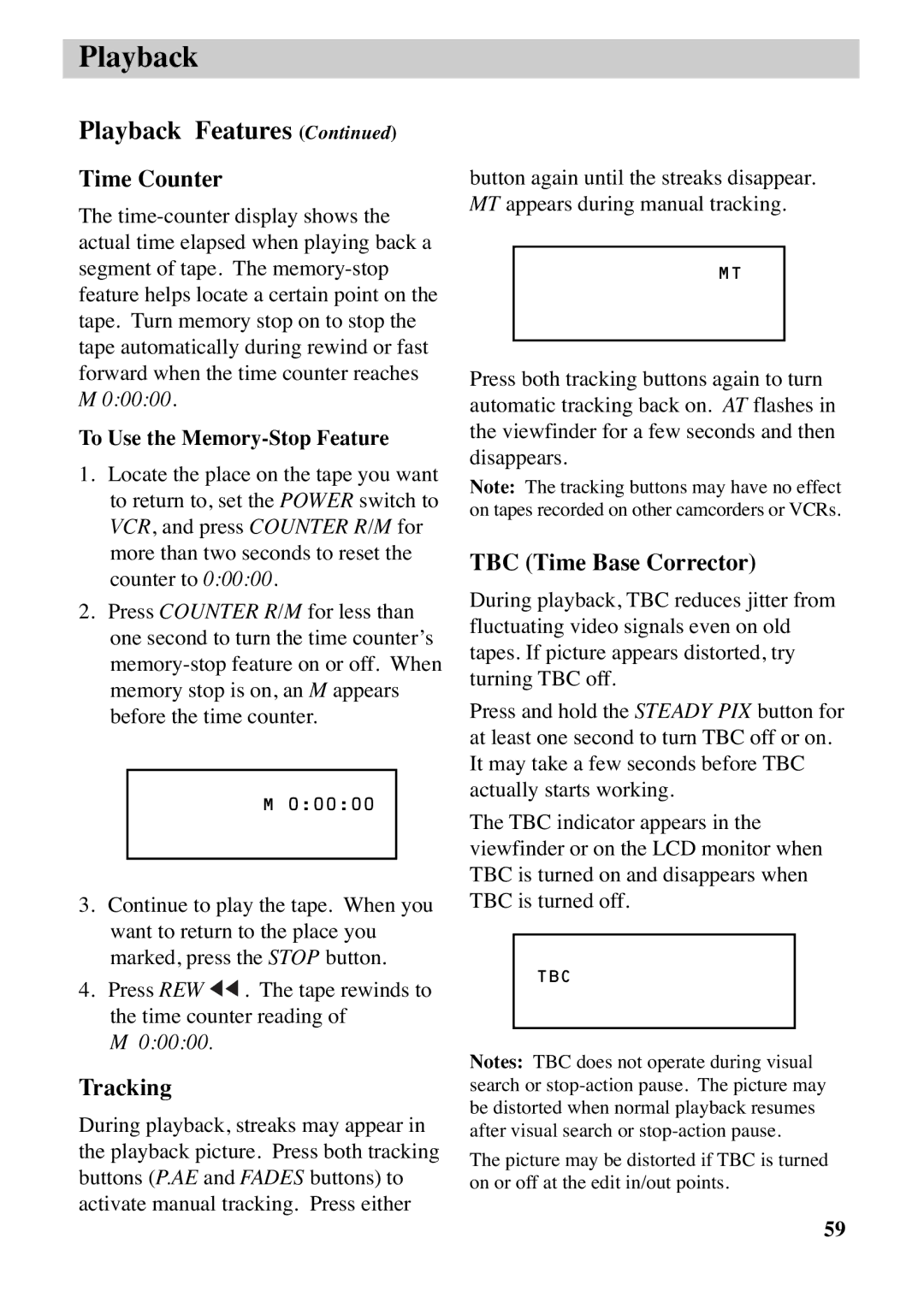 RCA CC6383, CC6373 manual Time Counter, Tracking, TBC Time Base Corrector, To Use the Memory-Stop Feature 