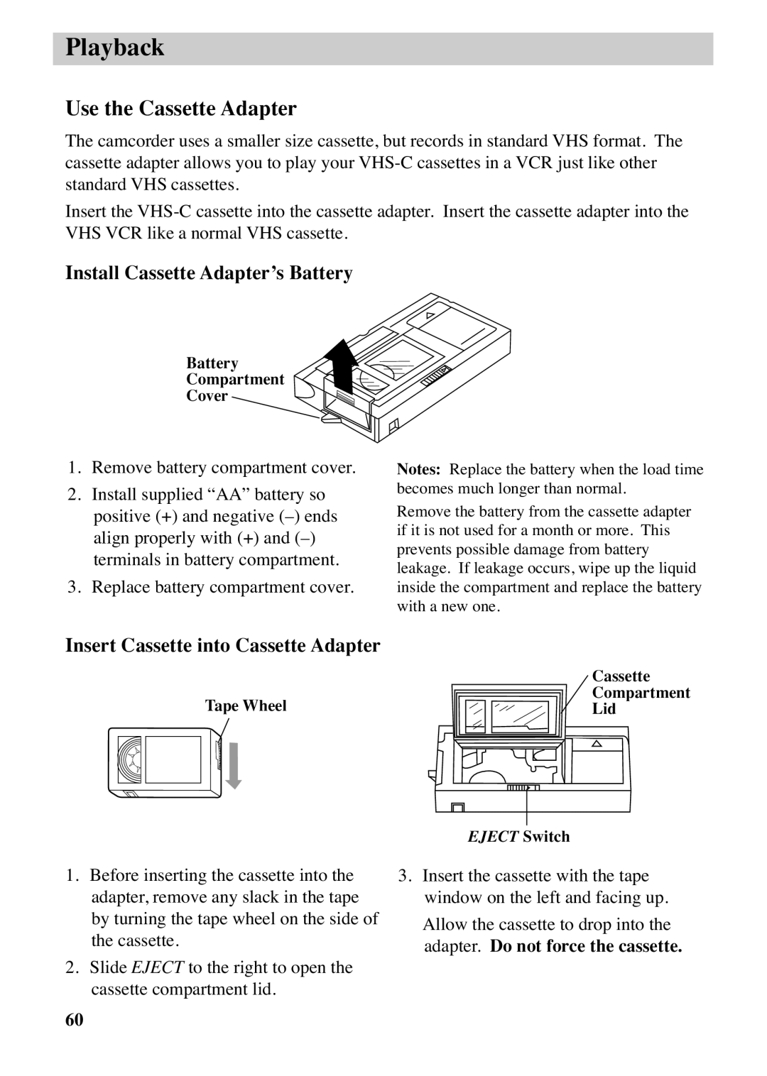 RCA CC6373, CC6383 Use the Cassette Adapter, Install Cassette Adapter’s Battery, Insert Cassette into Cassette Adapter 