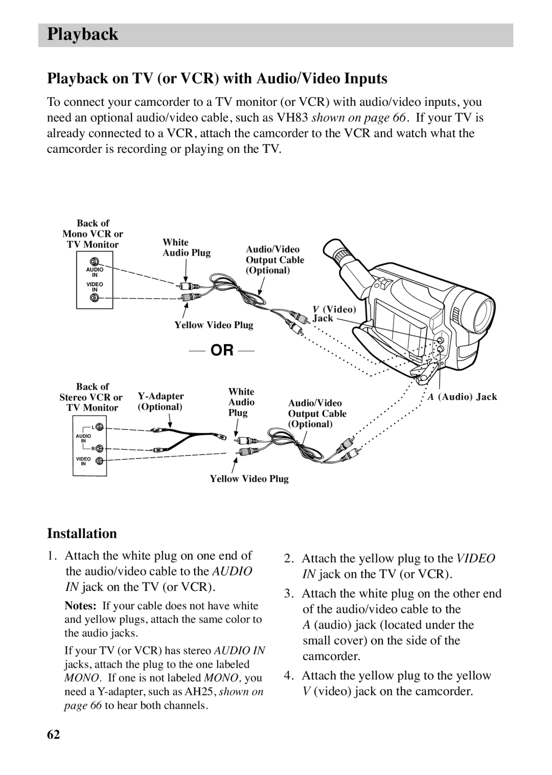 RCA CC6373, CC6383 manual Playback on TV or VCR with Audio/Video Inputs, Installation 