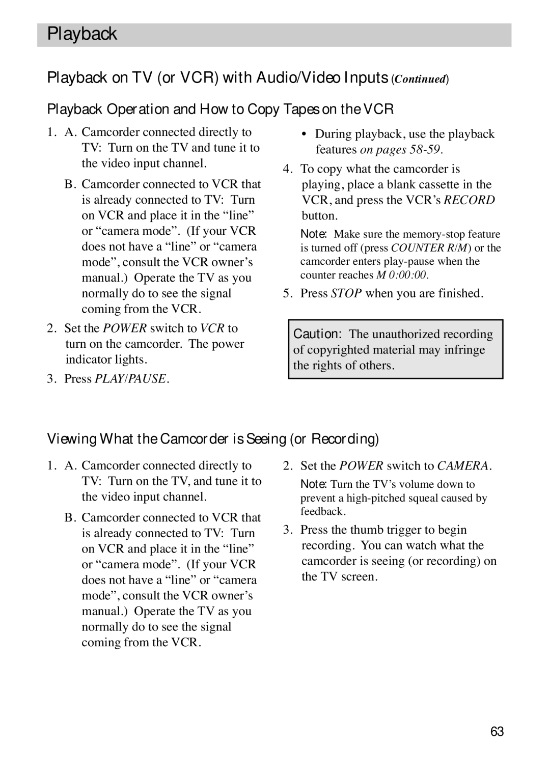 RCA CC6383, CC6373 Playback Operation and How to Copy Tapes on the VCR, Viewing What the Camcorder is Seeing or Recording 