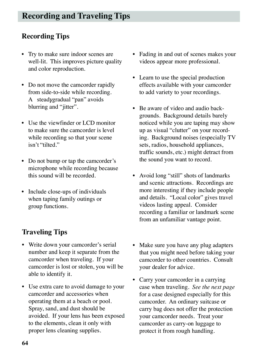 RCA CC6373, CC6383 manual Recording and Traveling Tips, Recording Tips 