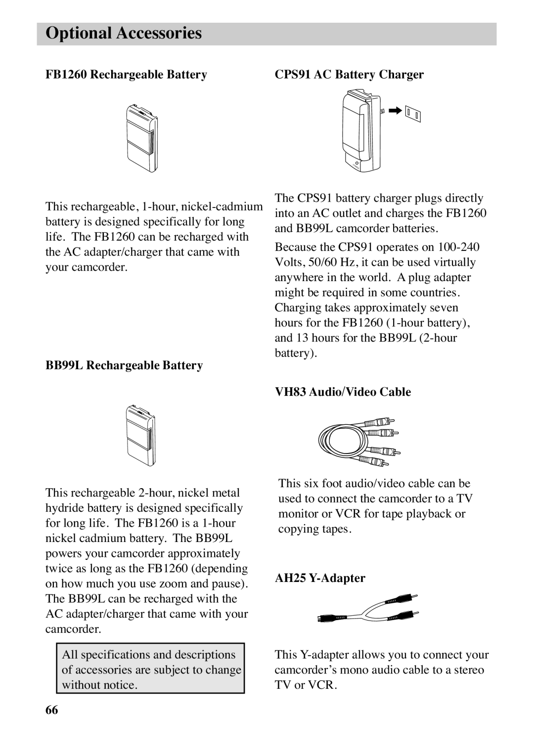 RCA CC6373 manual FB1260 Rechargeable Battery CPS91 AC Battery Charger, BB99L Rechargeable Battery, VH83 Audio/Video Cable 