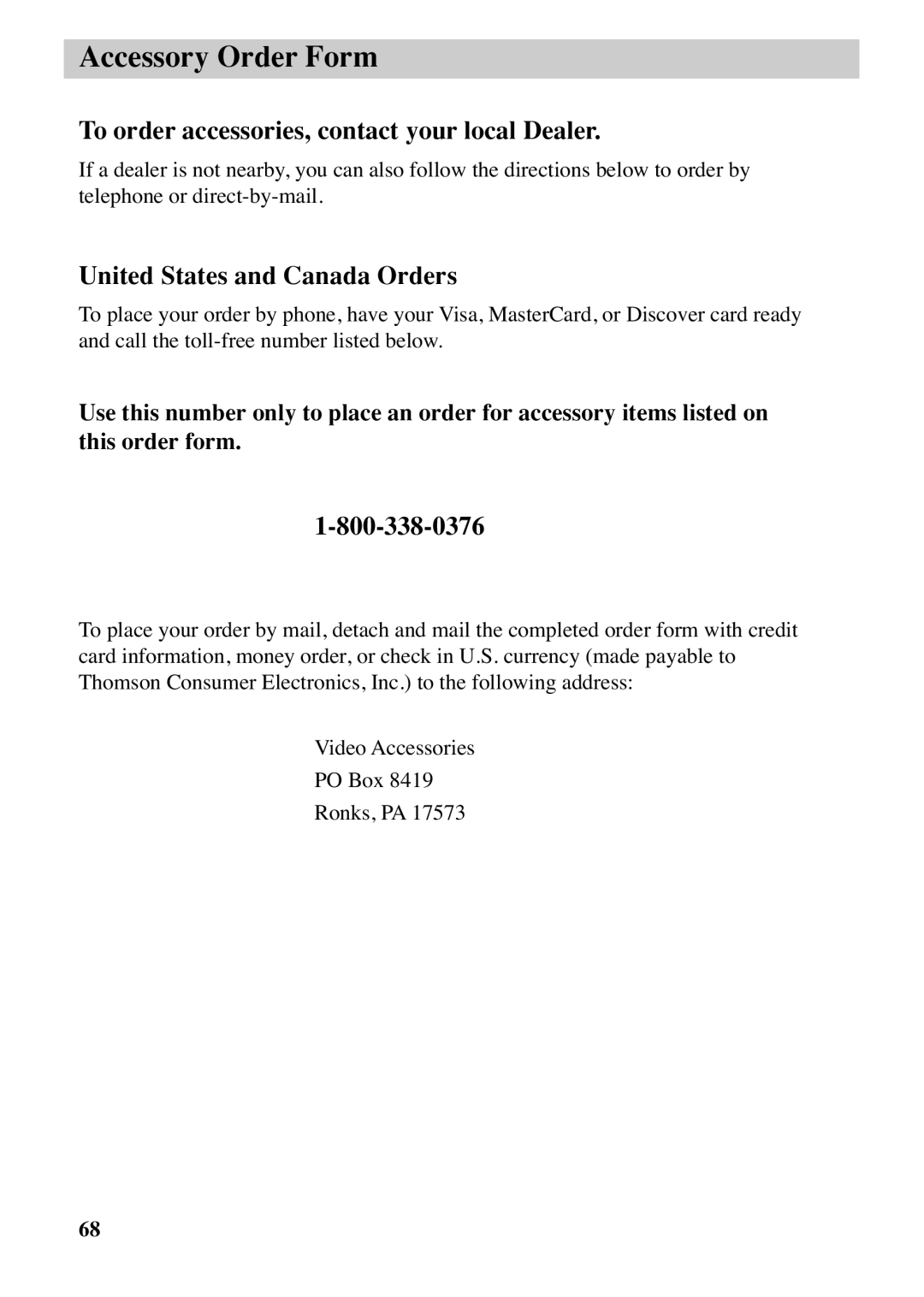 RCA CC6373, CC6383 Accessory Order Form, To order accessories, contact your local Dealer, United States and Canada Orders 