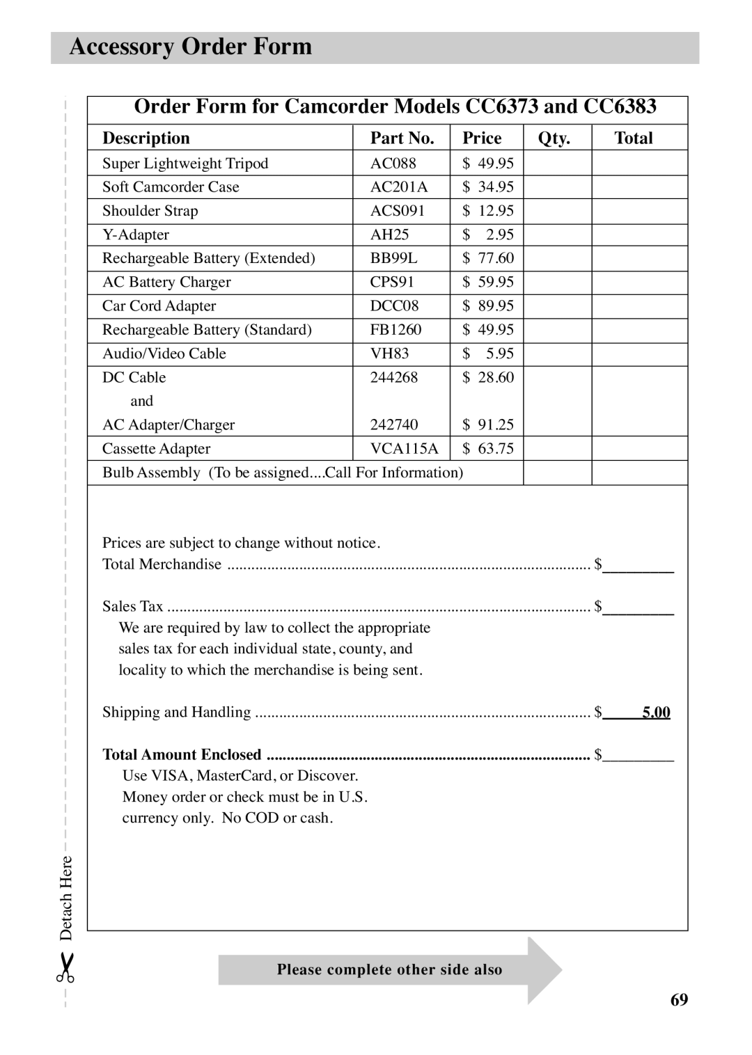 RCA manual Order Form for Camcorder Models CC6373 and CC6383, Description Price Qty Total 