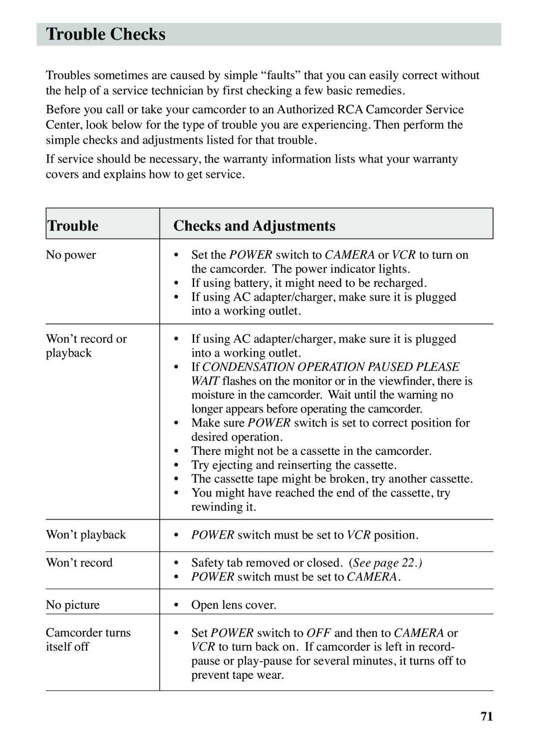 RCA CC6383, CC6373 manual Trouble Checks and Adjustments 