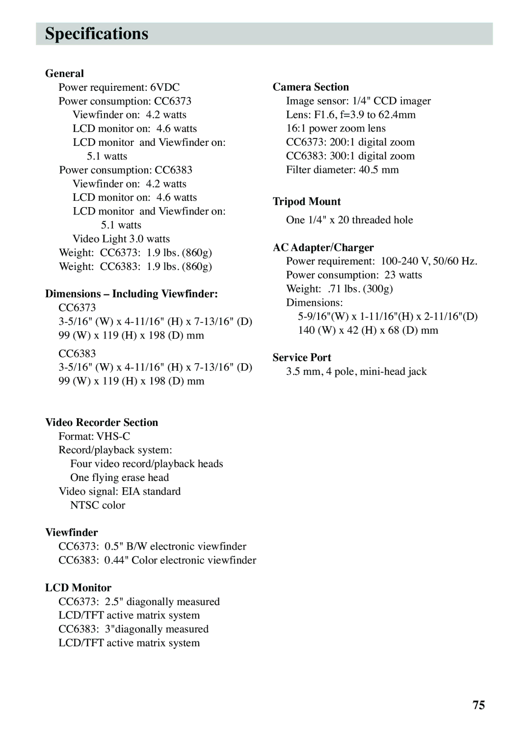 RCA CC6383, CC6373 manual Specifications, General 