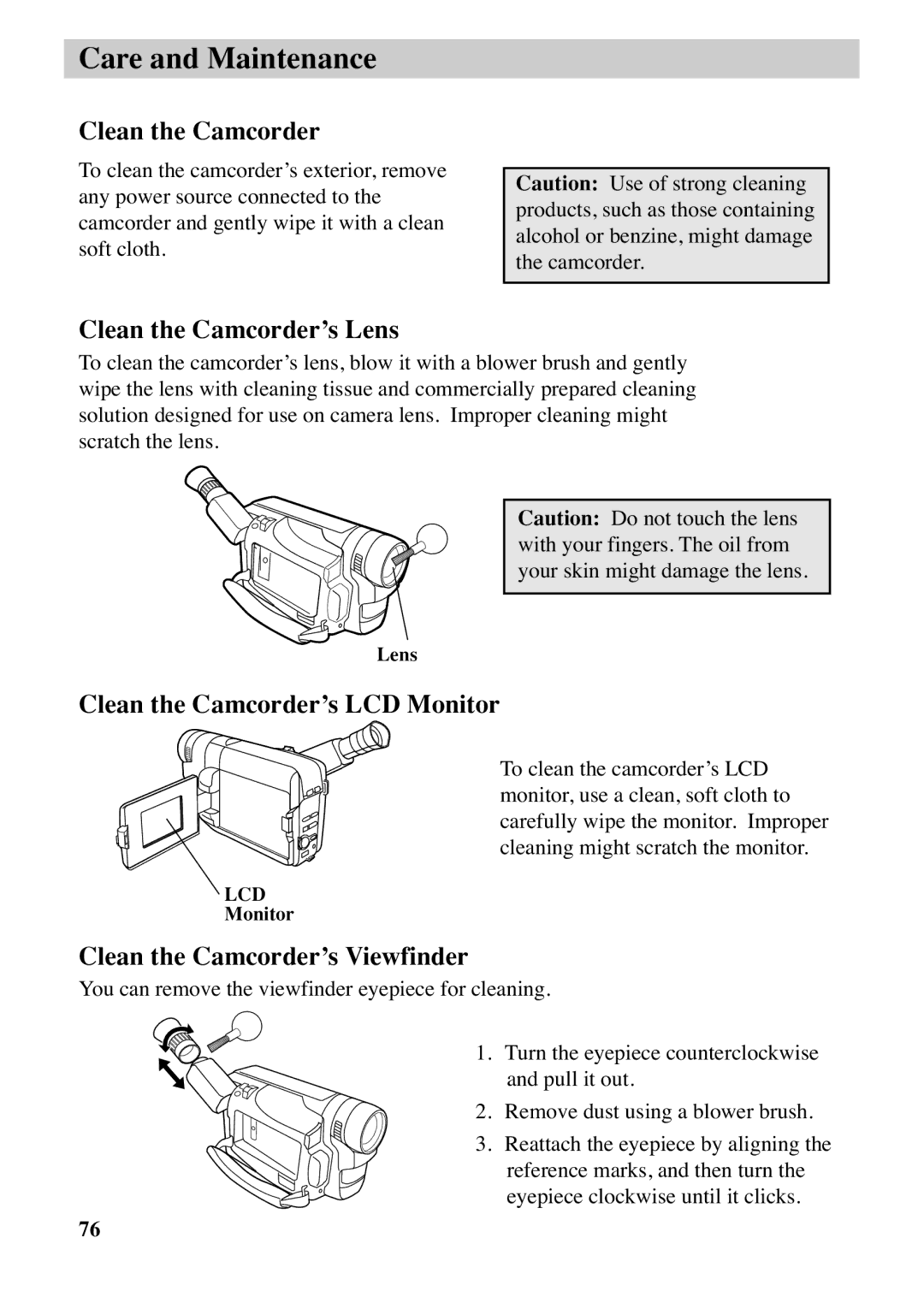 RCA CC6373, CC6383 manual Care and Maintenance, Clean the Camcorder’s Lens, Clean the Camcorder’s LCD Monitor 