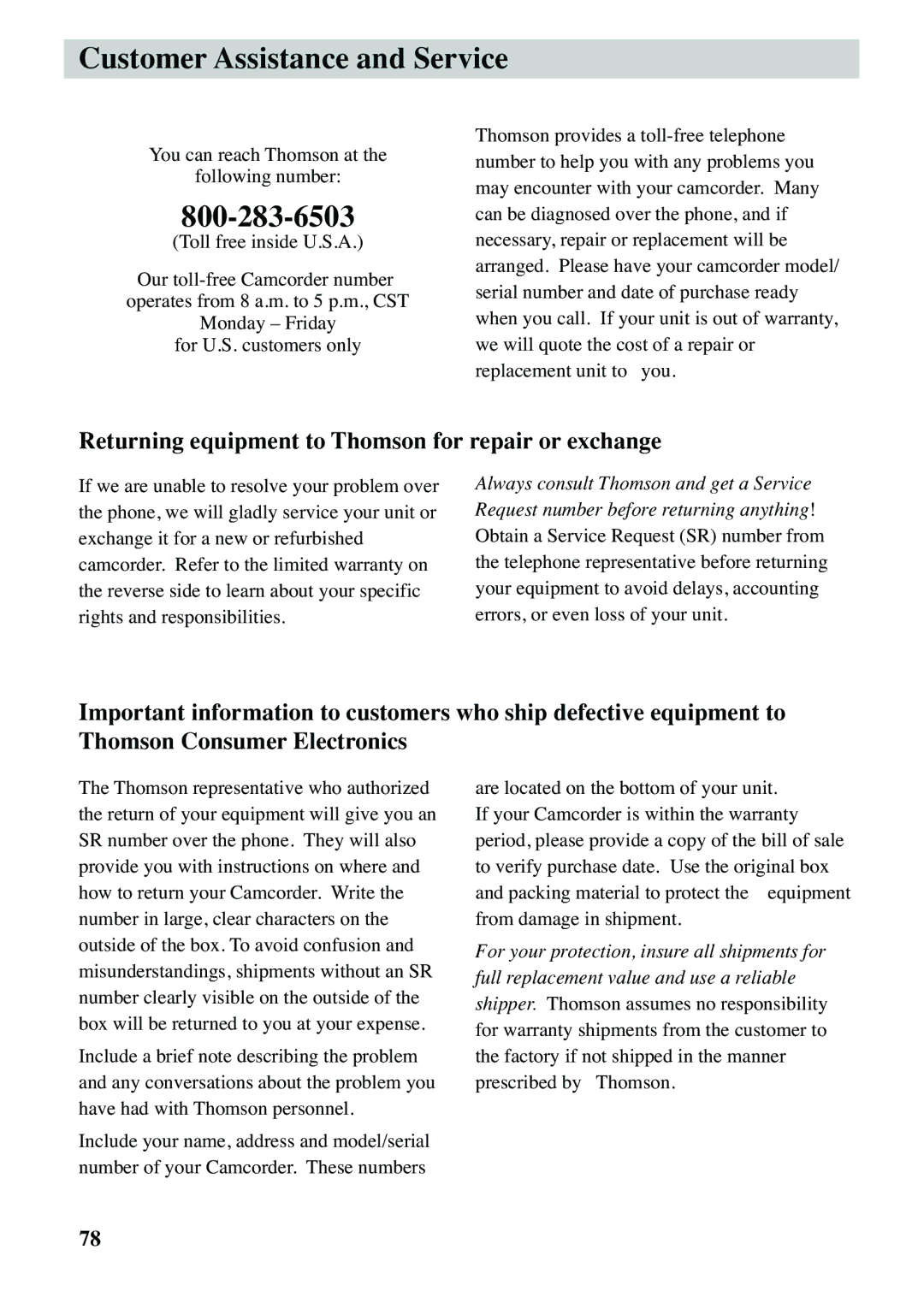 RCA CC6373, CC6383 manual Customer Assistance and Service, Returning equipment to Thomson for repair or exchange 