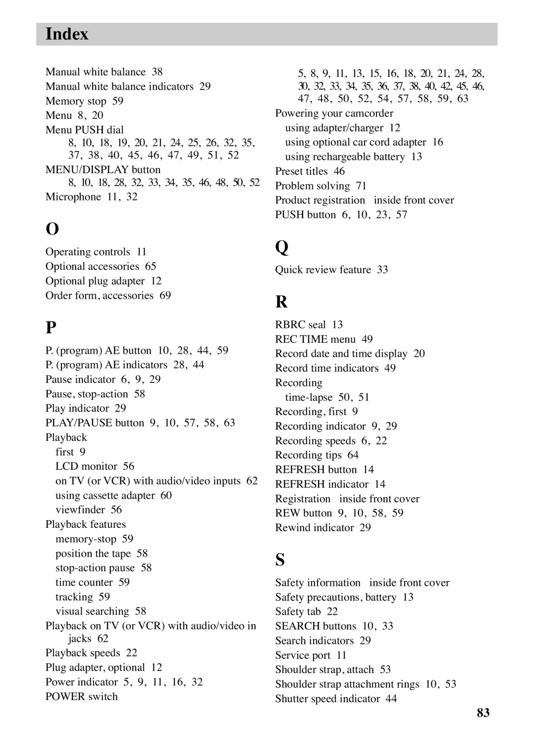 RCA CC6383, CC6373 manual Index 