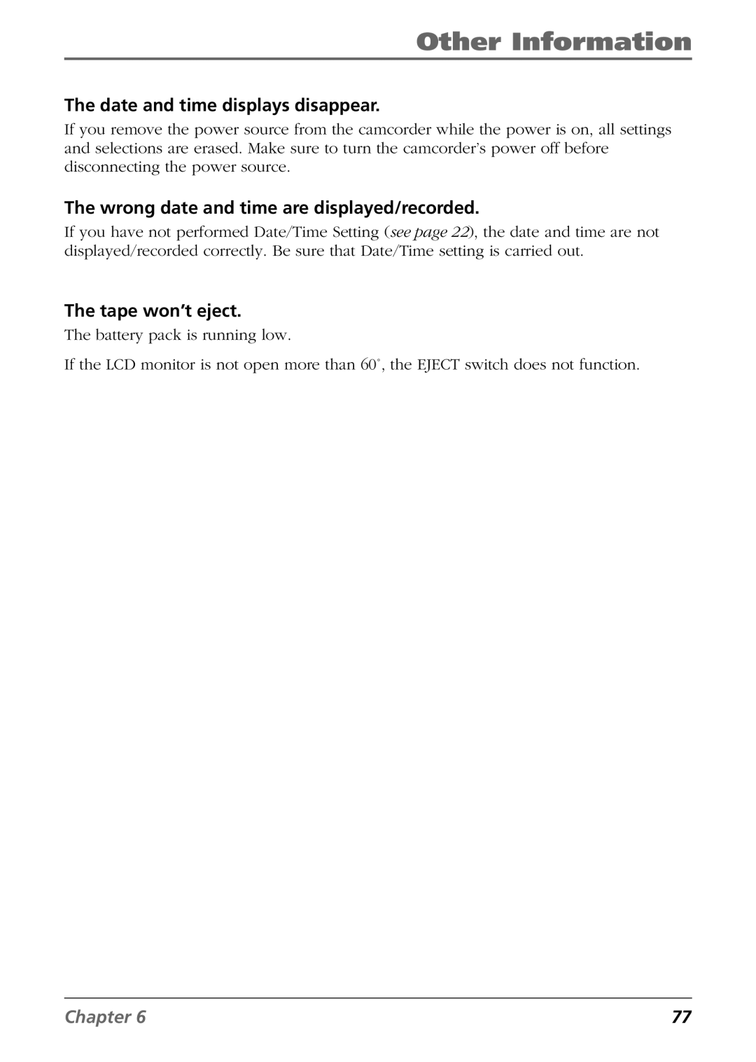 RCA CC6374 manual Date and time displays disappear, Wrong date and time are displayed/recorded, Tape won’t eject 