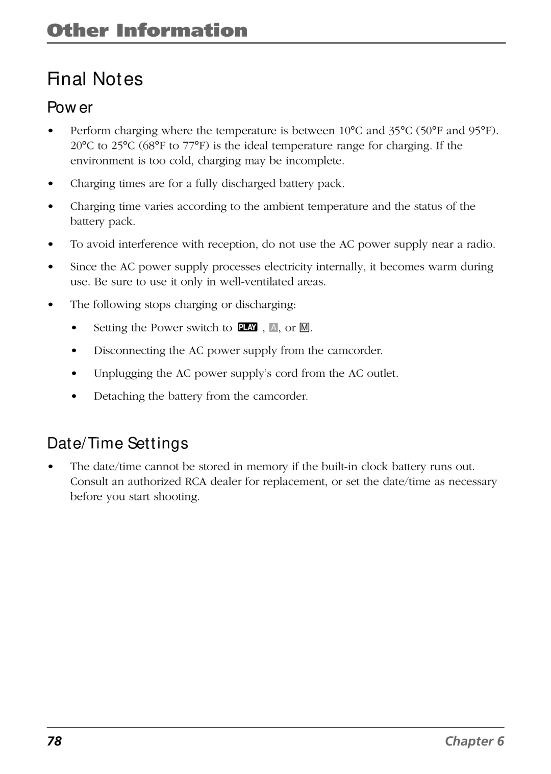 RCA CC6374 manual Final Notes, Power, Date/Time Settings 