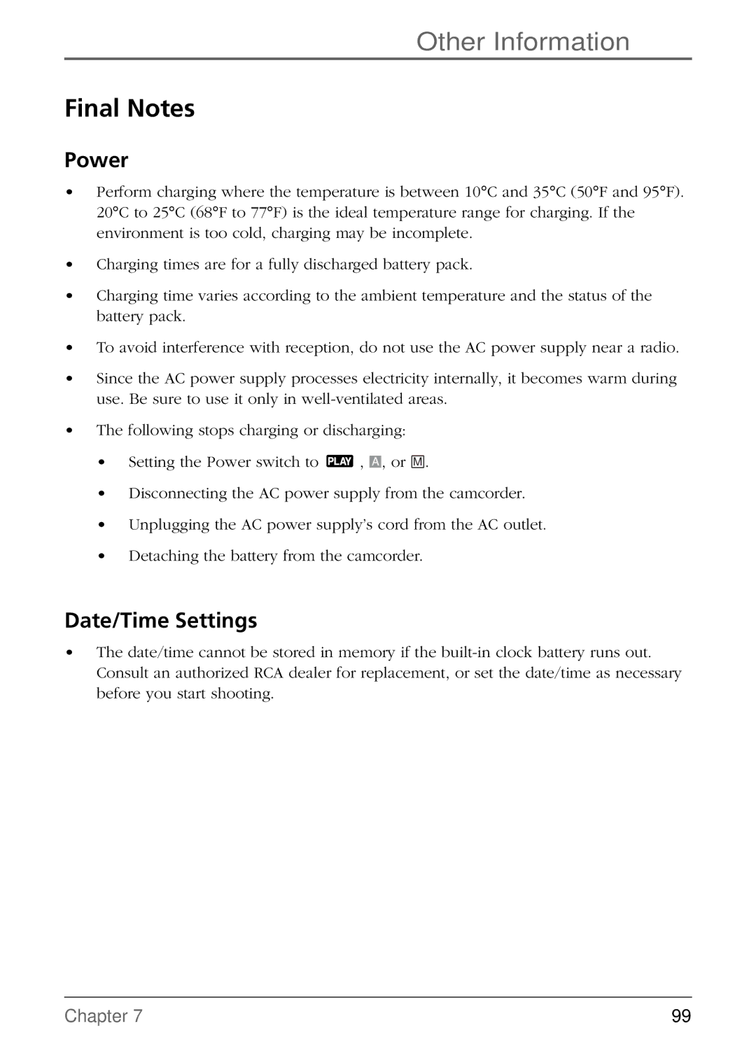 RCA CC6384/CC6394 manual Final Notes, Power, Date/Time Settings 