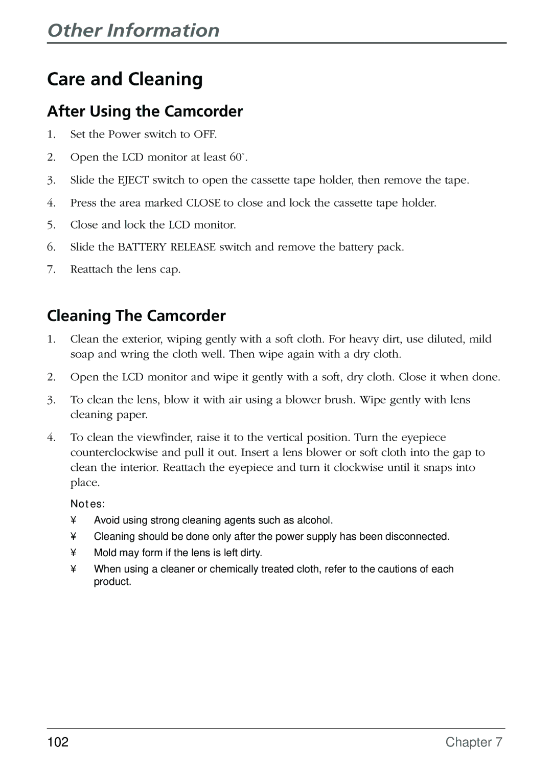 RCA CC6384/CC6394 manual Care and Cleaning, After Using the Camcorder, Cleaning The Camcorder 