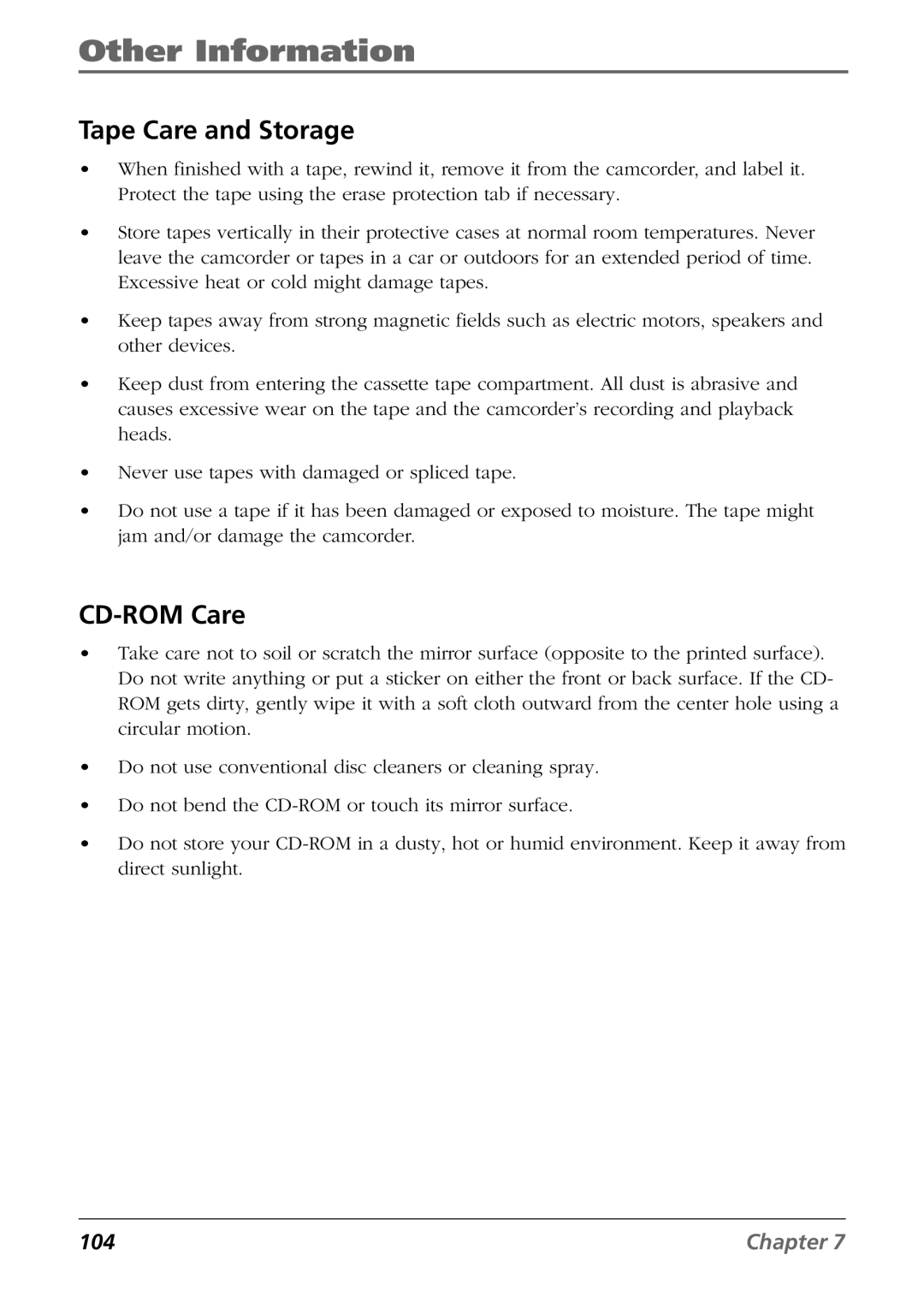 RCA CC6384/CC6394 manual Tape Care and Storage, CD-ROM Care 