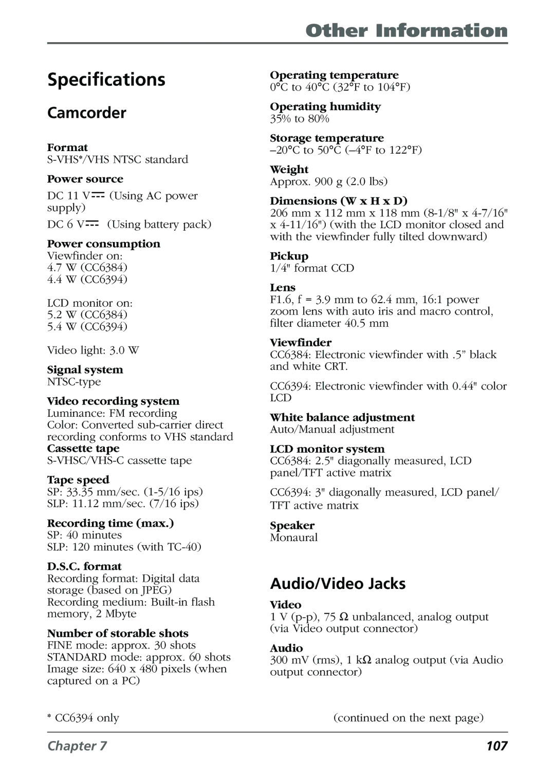 RCA CC6384/CC6394 manual Specifications, Camcorder, Audio/Video Jacks 