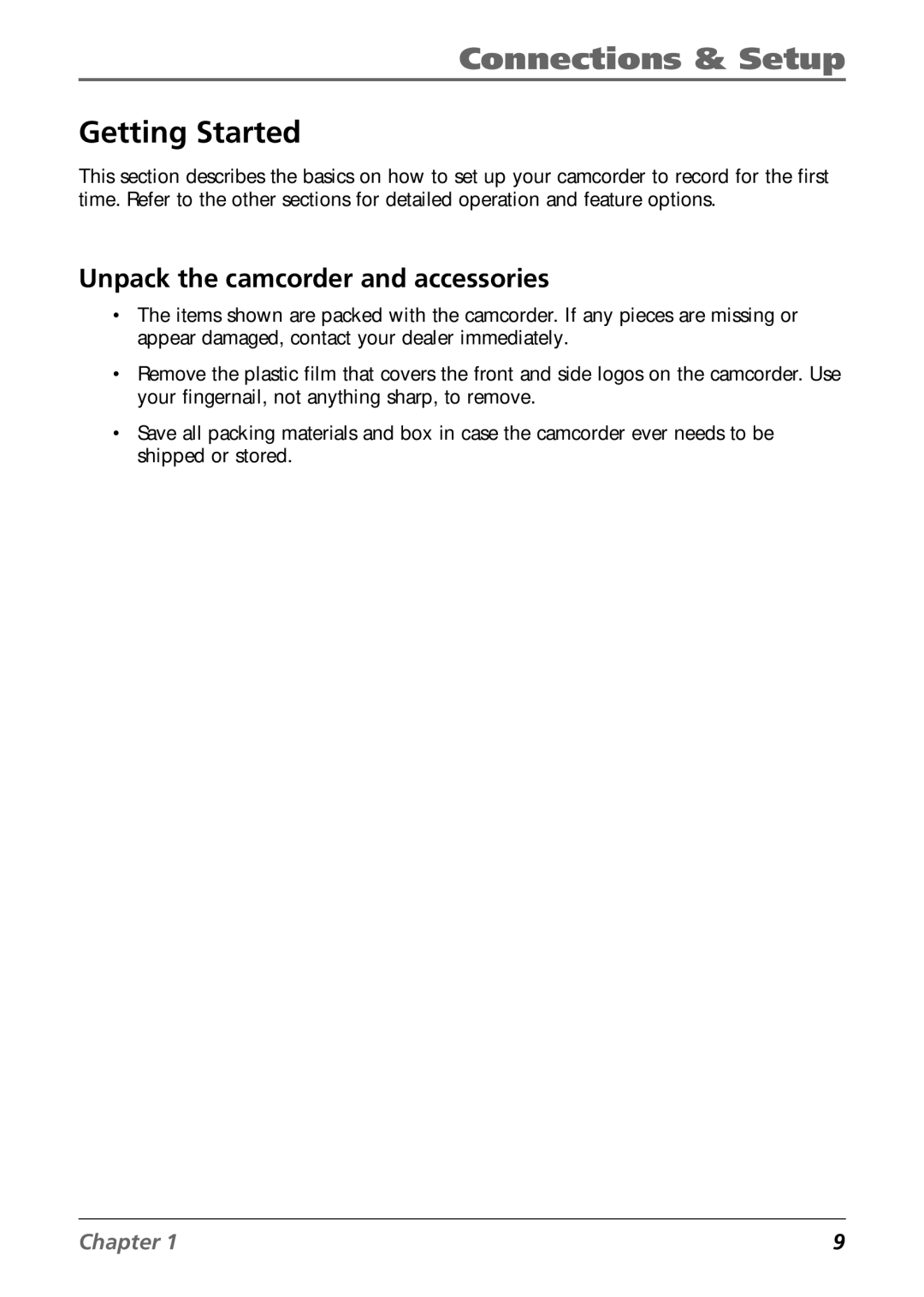 RCA CC6384/CC6394 manual Getting Started, Unpack the camcorder and accessories 