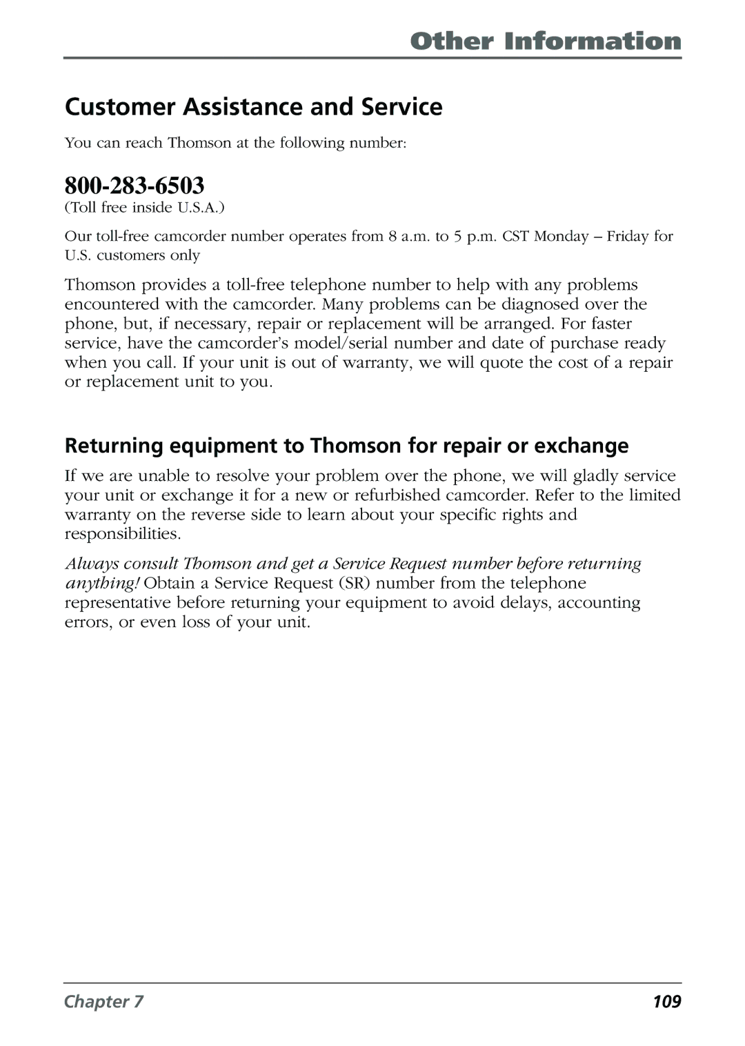 RCA CC6384/CC6394 manual Customer Assistance and Service, Returning equipment to Thomson for repair or exchange 