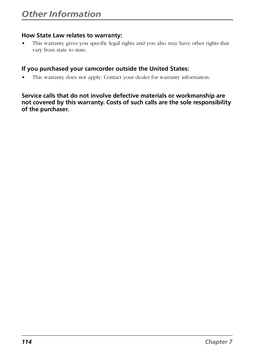 RCA CC6384/CC6394 manual How State Law relates to warranty, If you purchased your camcorder outside the United States 