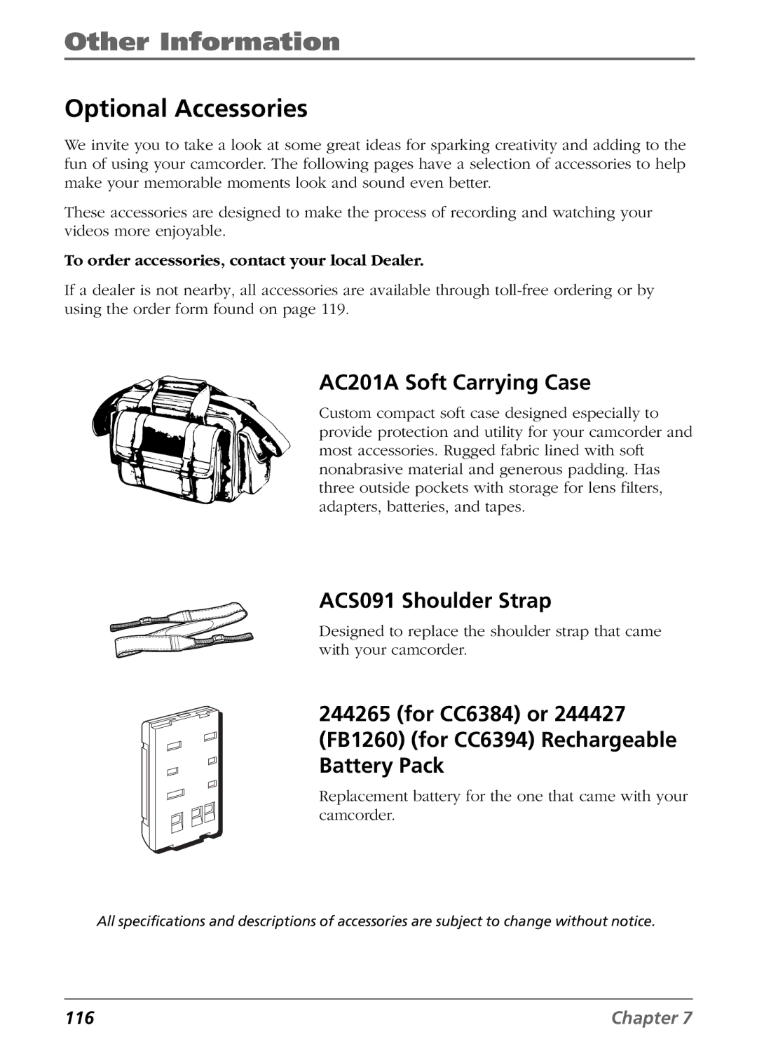 RCA CC6384/CC6394 manual Optional Accessories, AC201A Soft Carrying Case, ACS091 Shoulder Strap 