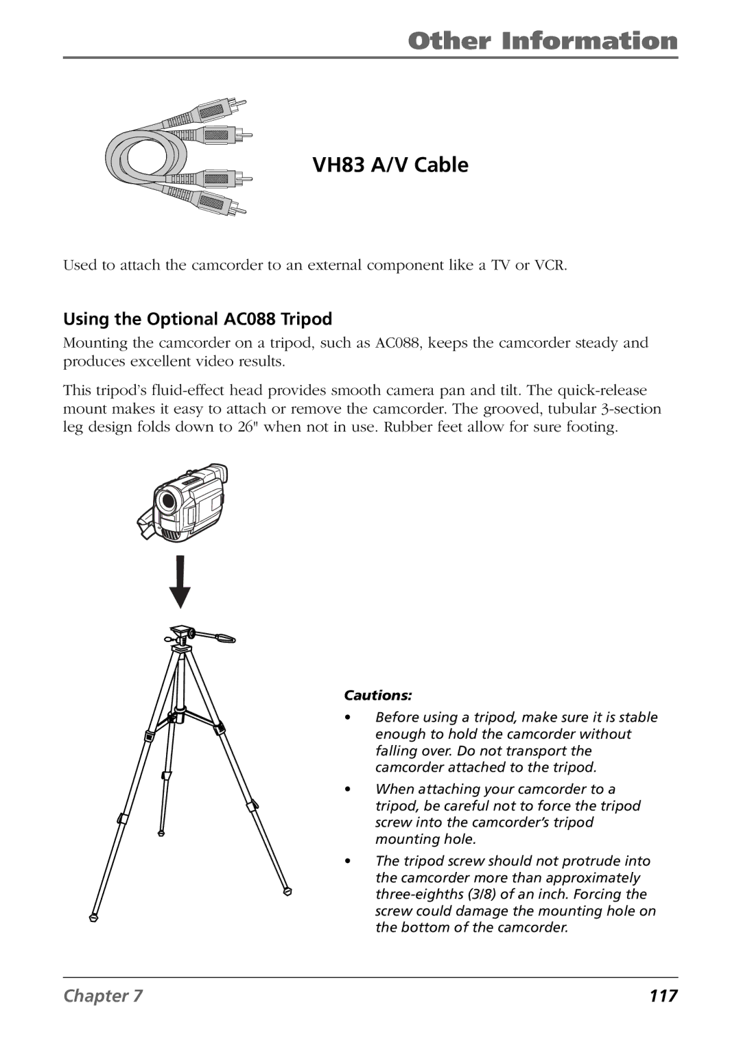 RCA CC6384/CC6394 manual VH83 A/V Cable, Using the Optional AC088 Tripod 