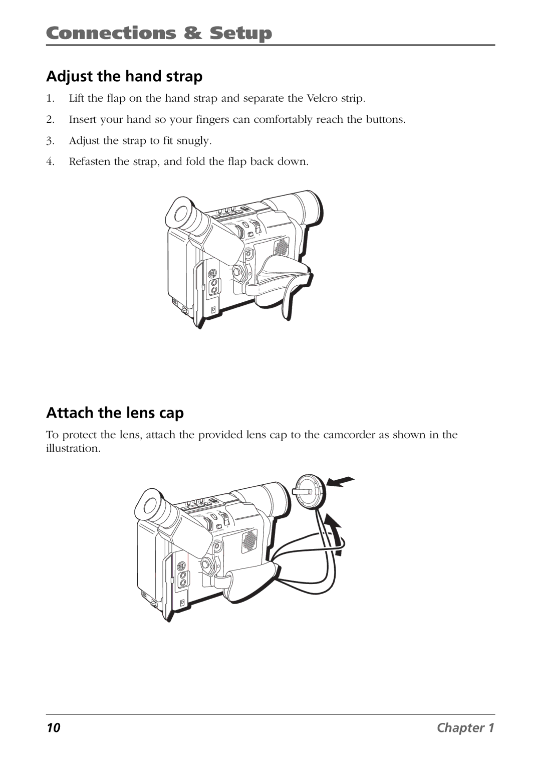 RCA CC6384/CC6394 manual Adjust the hand strap, Attach the lens cap 