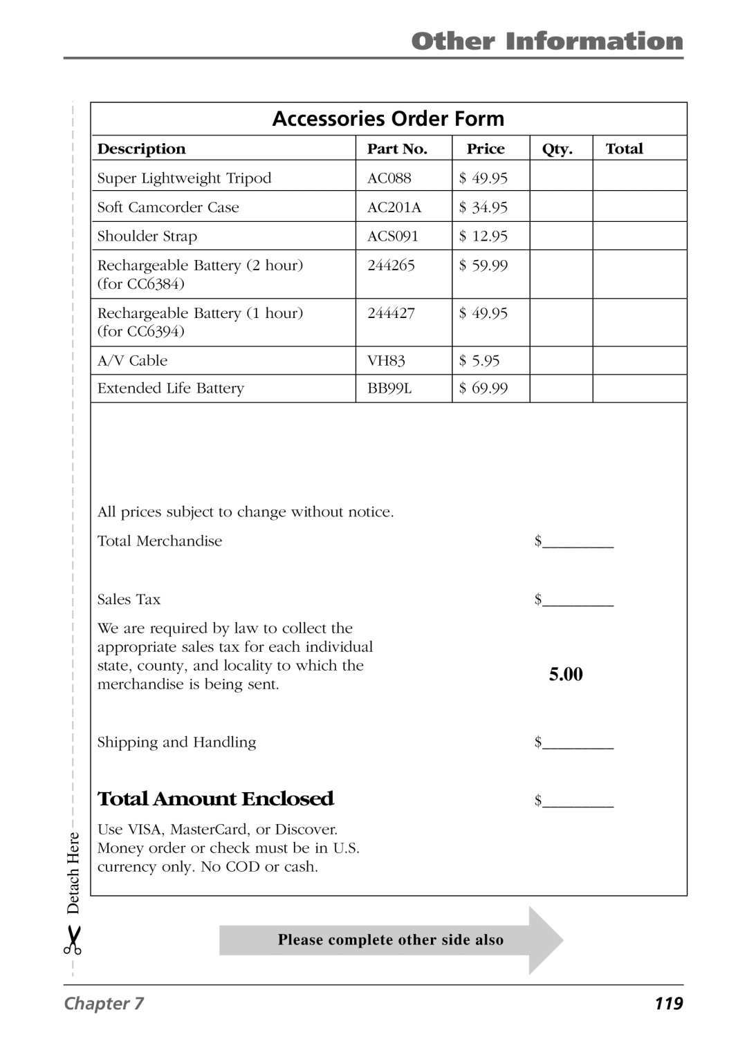 RCA CC6384/CC6394 manual Accessories Order Form, Description Price Qty Total 