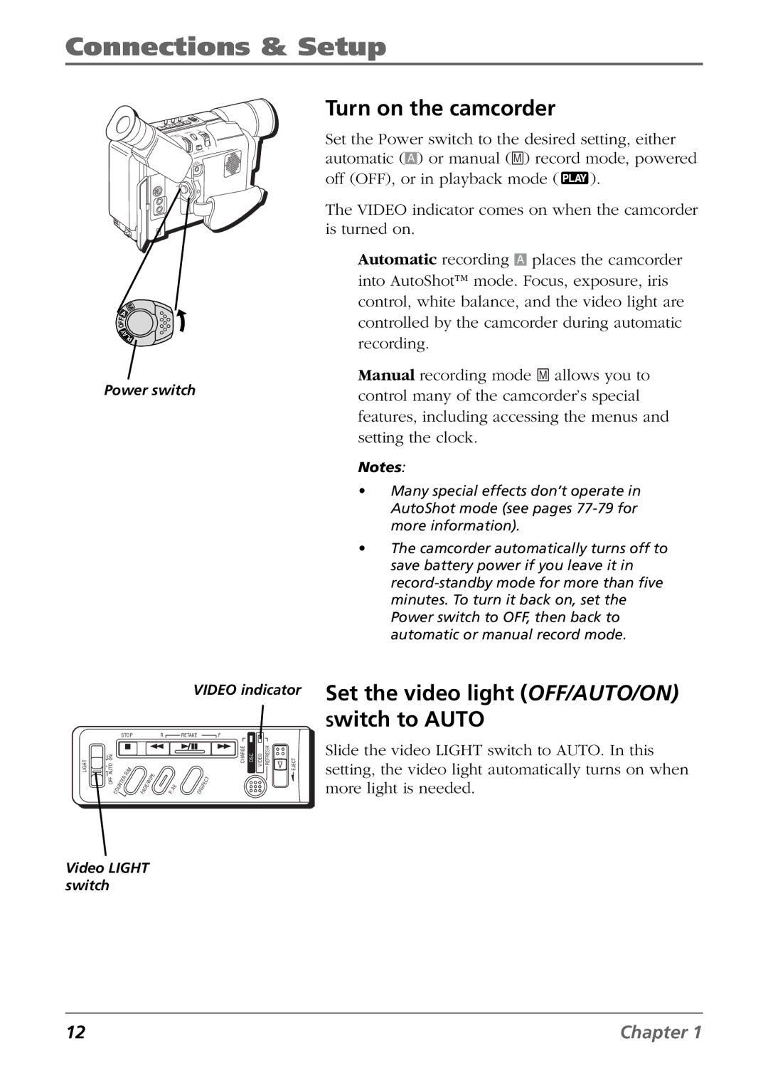 RCA CC6384/CC6394 manual Turn on the camcorder, Set the video light OFF/AUTO/ON Switch to Auto 